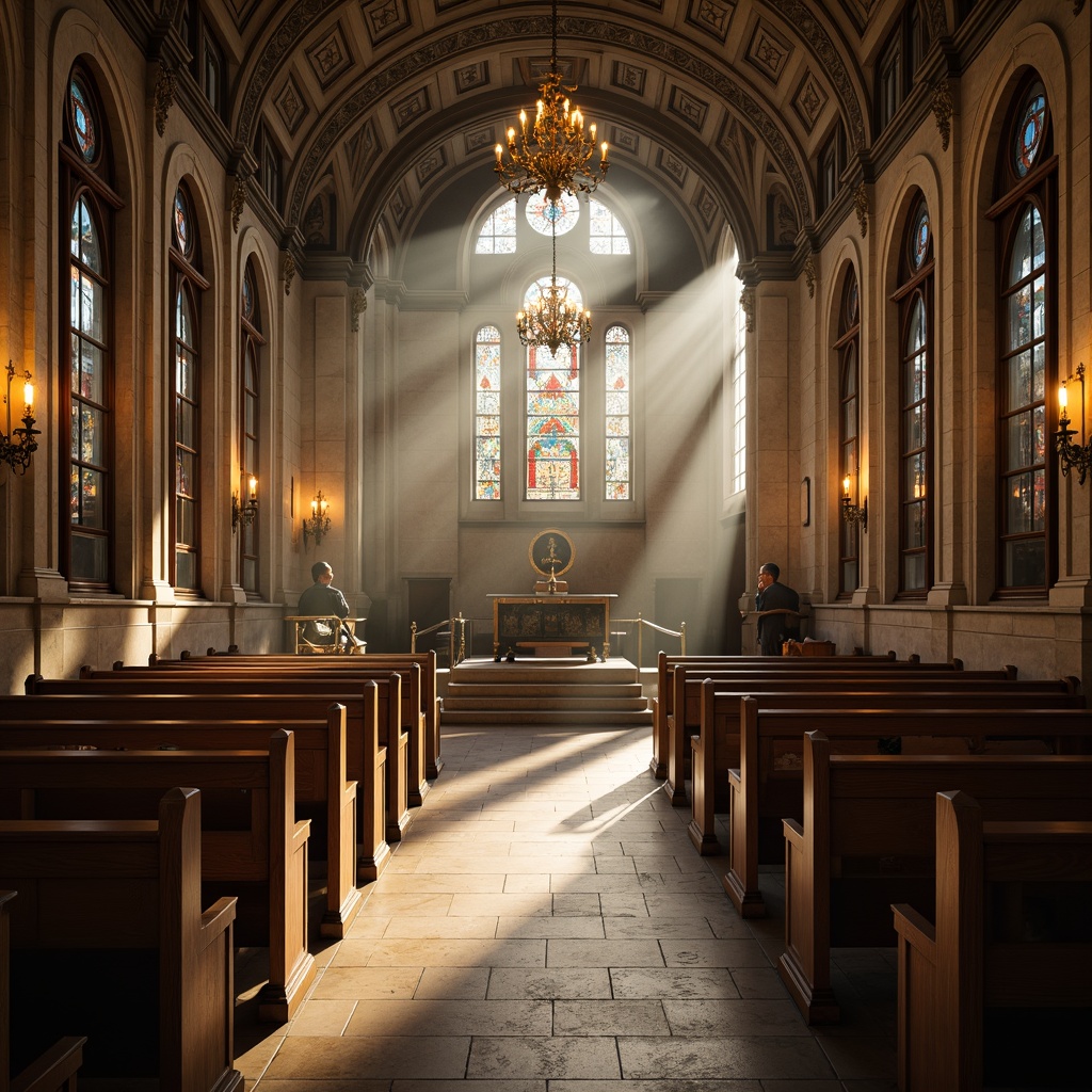 Prompt: Ethereal memorial interior, soft warm lighting, gentle color filtering, subtle beam projections, ambient occlusion, sacred atmosphere, solemn tone, ornate architectural details, intricate stone carvings, majestic chandeliers, stained glass windows, refined wooden accents, ceremonial altars, peaceful ambiance, diffused natural light, 1/2 composition, realistic textures, warm color palette, soft focus blur.