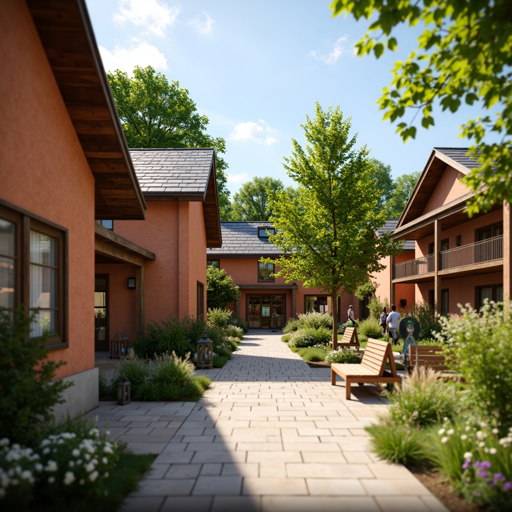 Prompt: Rustic community center, earthy tone textured walls, traditional pitched roofs, wooden accents, natural stone foundations, lush greenery surroundings, vibrant flower arrangements, wooden benches, ornate metal lanterns, warm afternoon lighting, shallow depth of field, 1/1 composition, realistic textures, ambient occlusion.