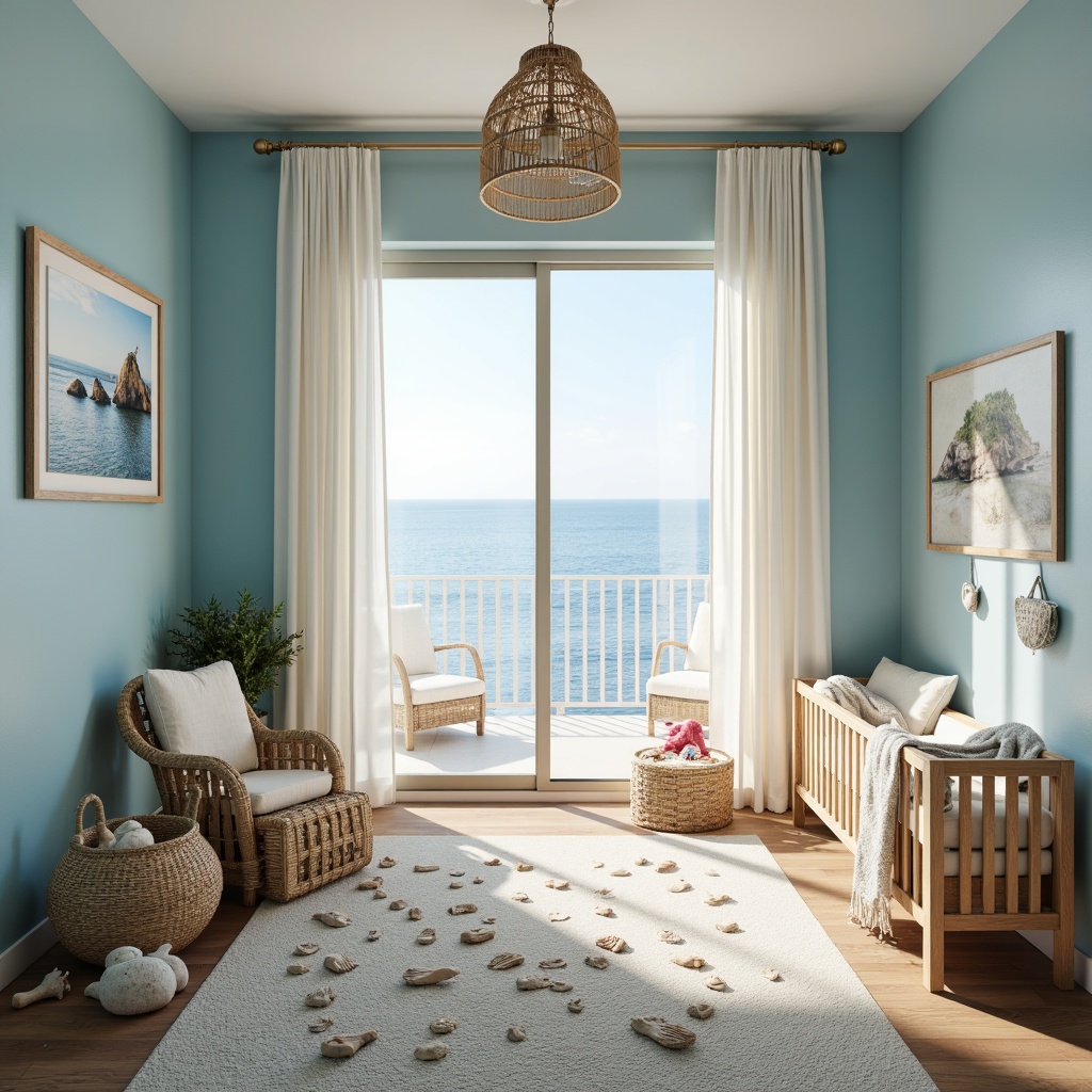 Prompt: Soft blue walls, calming ocean views, driftwood furniture, natural fiber rugs, seashell decorations, ocean-inspired artwork, gentle wave patterns, creamy white curtains, plush toys, baby-friendly fabrics, lightweight linens, beachy textures, serene ambiance, warm sunny lighting, shallow depth of field, 1/1 composition, realistic renderings, ambient occlusion.