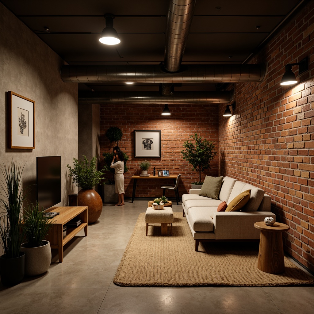 Prompt: Cozy basement atmosphere, warm ambient lighting, recessed ceiling lights, sleek metal fixtures, matte black finishes, industrial-chic decor, exposed brick walls, concrete floors, minimalist furniture, functional task lighting, under-stair storage, LED strip lights, soft glowing illumination, warm color temperatures, energy-efficient solutions, modern fixture designs, subtle shadows, 1/1 composition, realistic textures, atmospheric rendering.