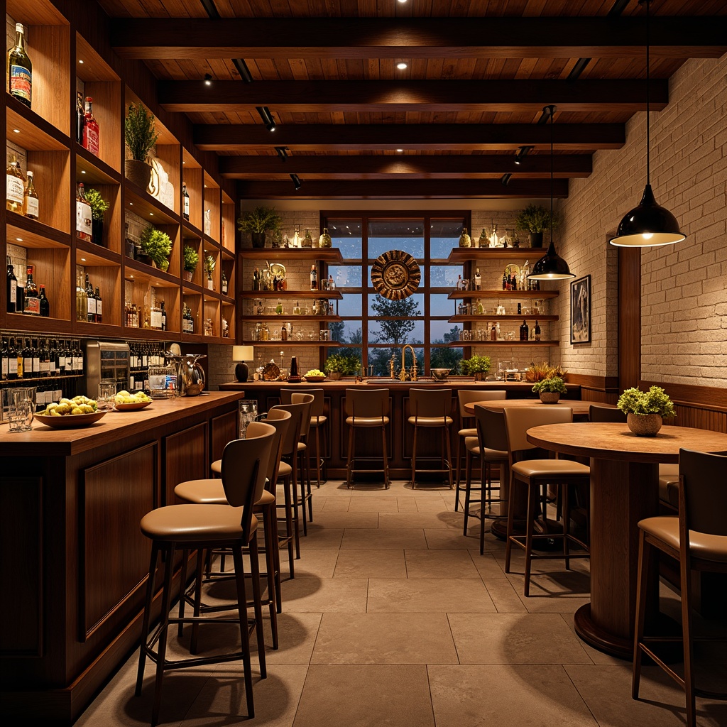 Prompt: Cozy home bar, rich wood tones, warm ambient lighting, plush stools, metallic accents, decorative shelves, wine glass displays, beer tap handles, stone countertops, rustic brick walls, intimate seating areas, conversational circle layouts, 1/1 composition, soft focus blur, realistic textures, atmospheric rendering.