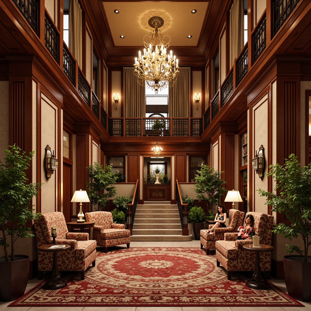 Prompt: Luxurious lobby, ornate chandeliers, rich wood paneling, plush furnishings, velvet drapes, golden accents, intricately patterned carpets, elegant staircase, vintage luggage racks, antique clocks, polished marble floors, warm soft lighting, inviting fireplaces, lavish floral arrangements, refined artwork, sophisticated color palette, classic architectural details, nostalgic atmosphere, warm hospitality.