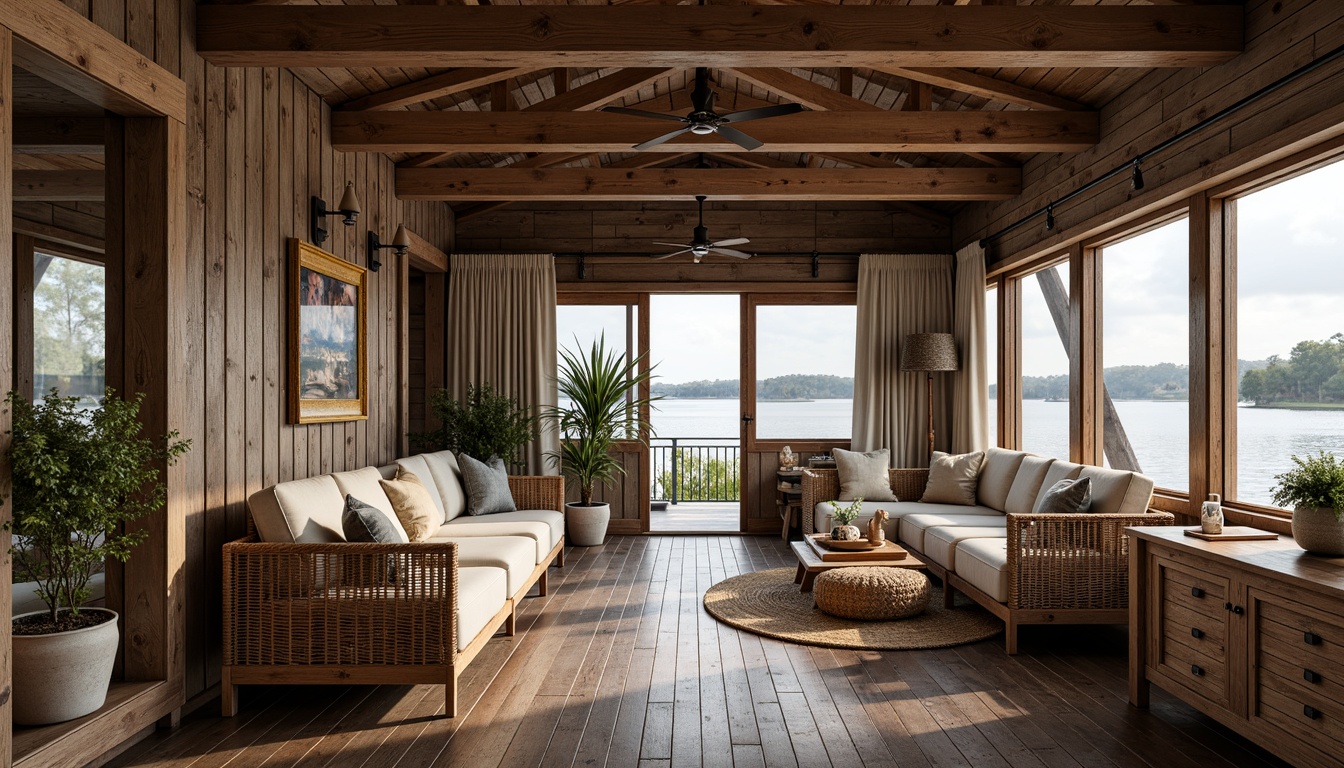 Prompt: Cozy boathouse interior, rustic wooden accents, nautical themed decor, plush couches, distressed finishes, vintage marine artifacts, weathered wood flooring, soft warm lighting, lake-inspired color palette, natural textiles, woven baskets, rattan furniture, eclectic accessories, reclaimed wood walls, industrial metal fixtures, waterfront views, sliding glass doors, 3/4 composition, shallow depth of field, realistic textures.