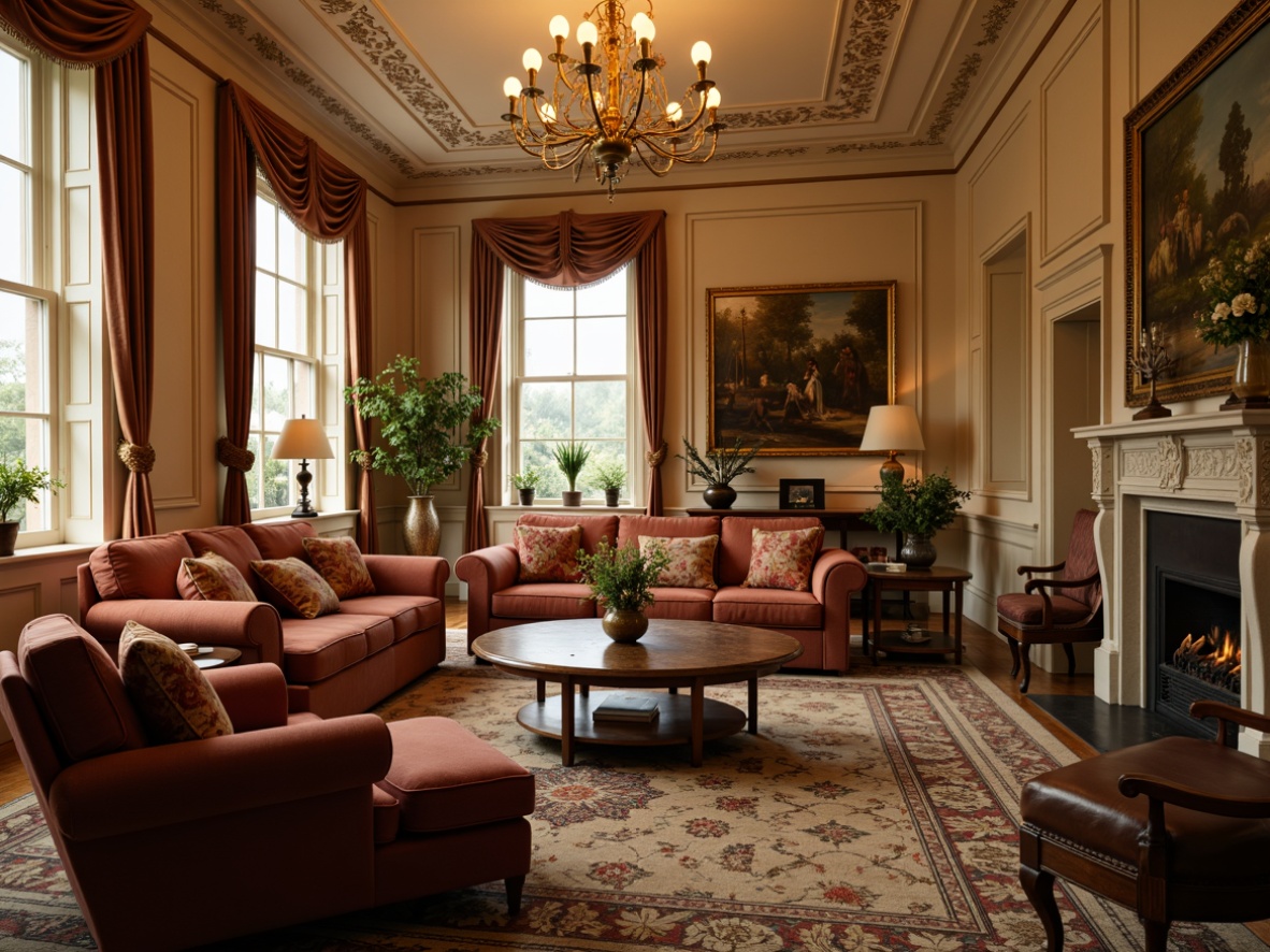 Prompt: Cozy family room, Neoclassical style, warm beige walls, ornate moldings, elegant chandeliers, plush velvet sofas, intricate wooden furniture, rich tapestries, subtle floral patterns, soft golden lighting, 1/2 composition, shallow depth of field, realistic textures, ambient occlusion.