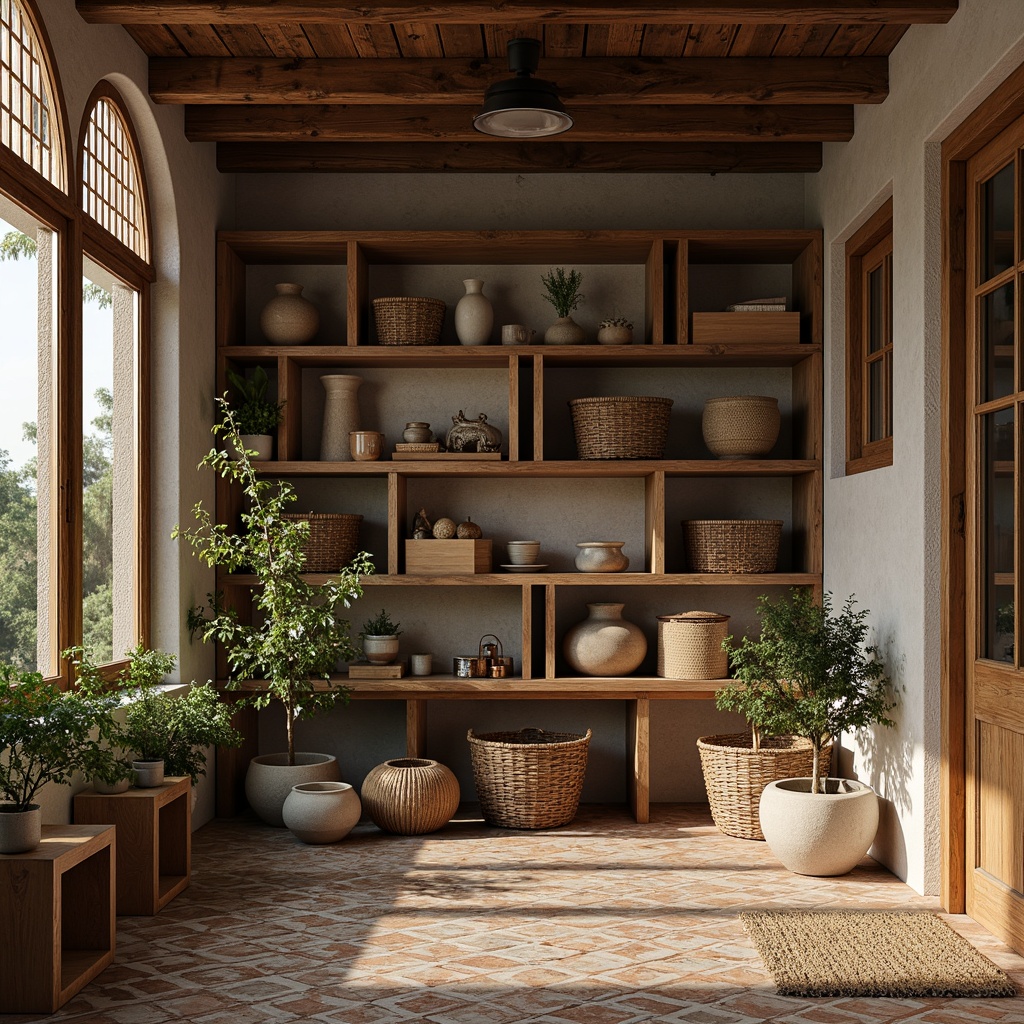 Prompt: Rustic storage room, wooden crates, woven baskets, distressed finishes, earthy tones, natural textiles, ceramic vases, potted greenery, geometric tile patterns, Moroccan-inspired motifs, hexagonal shapes, neutral color palette, warm ambient lighting, cozy atmosphere, soft shadows, 1/1 composition, realistic textures, subtle depth of field.