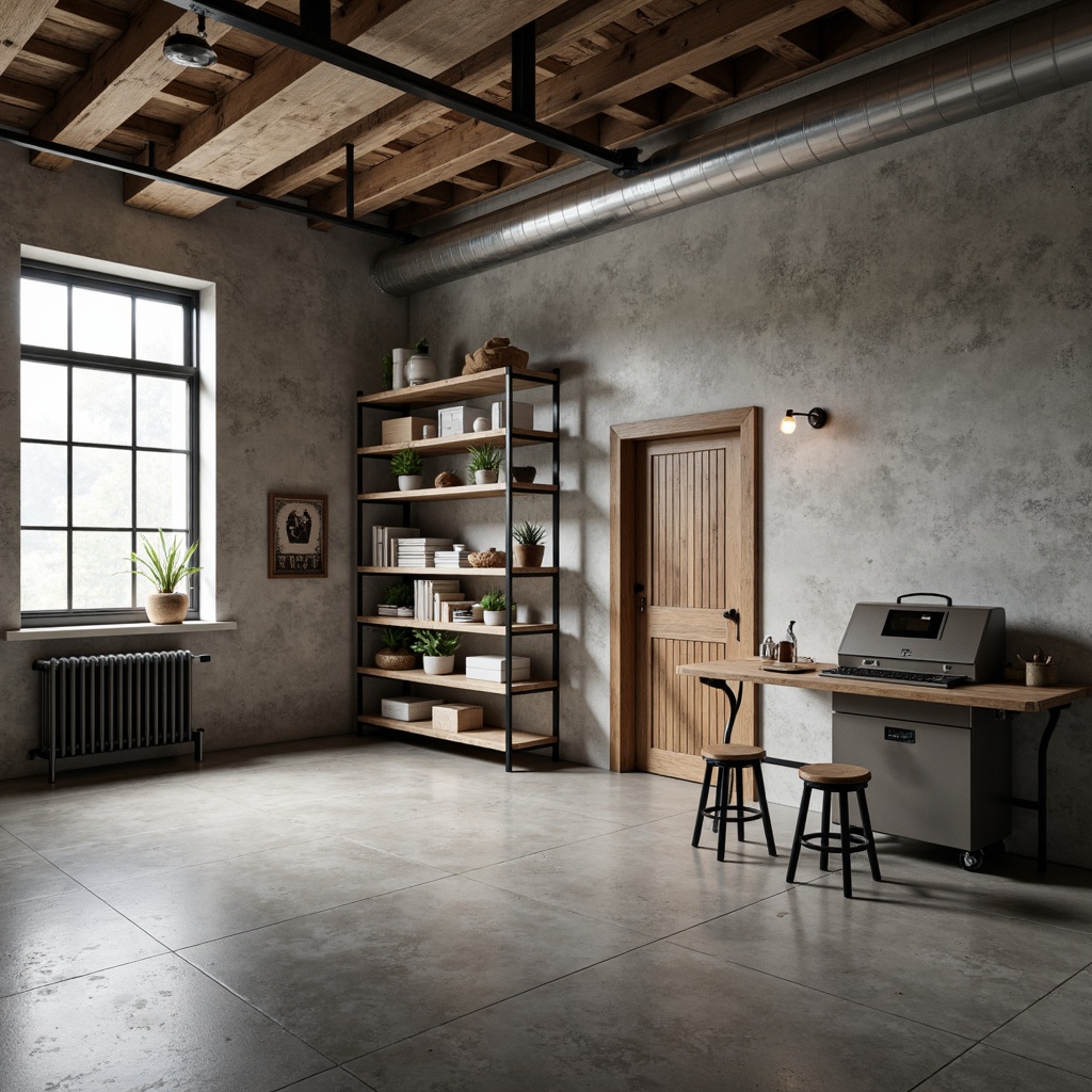 Prompt: Industrial concrete walls, exposed ductwork, minimalist decor, neutral color scheme, functional metal shelving, reclaimed wood accents, Edison bulb lighting, polished concrete floors, sleek metallic machinery, urban loft atmosphere, soft natural light, shallow depth of field, 1/1 composition, realistic textures, ambient occlusion.