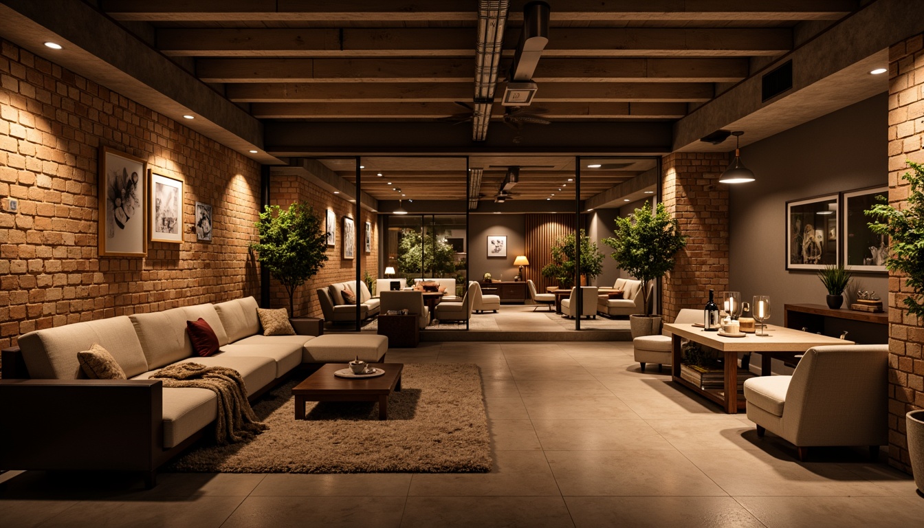 Prompt: Cozy basement atmosphere, warm ambient lighting, recessed ceiling lights, sleek metal fixtures, industrial-chic designs, exposed brick walls, concrete floors, modern minimalist decor, intimate seating areas, plush throw blankets, soft warm glow, 1/2 composition, shallow depth of field, realistic textures, ambient occlusion.