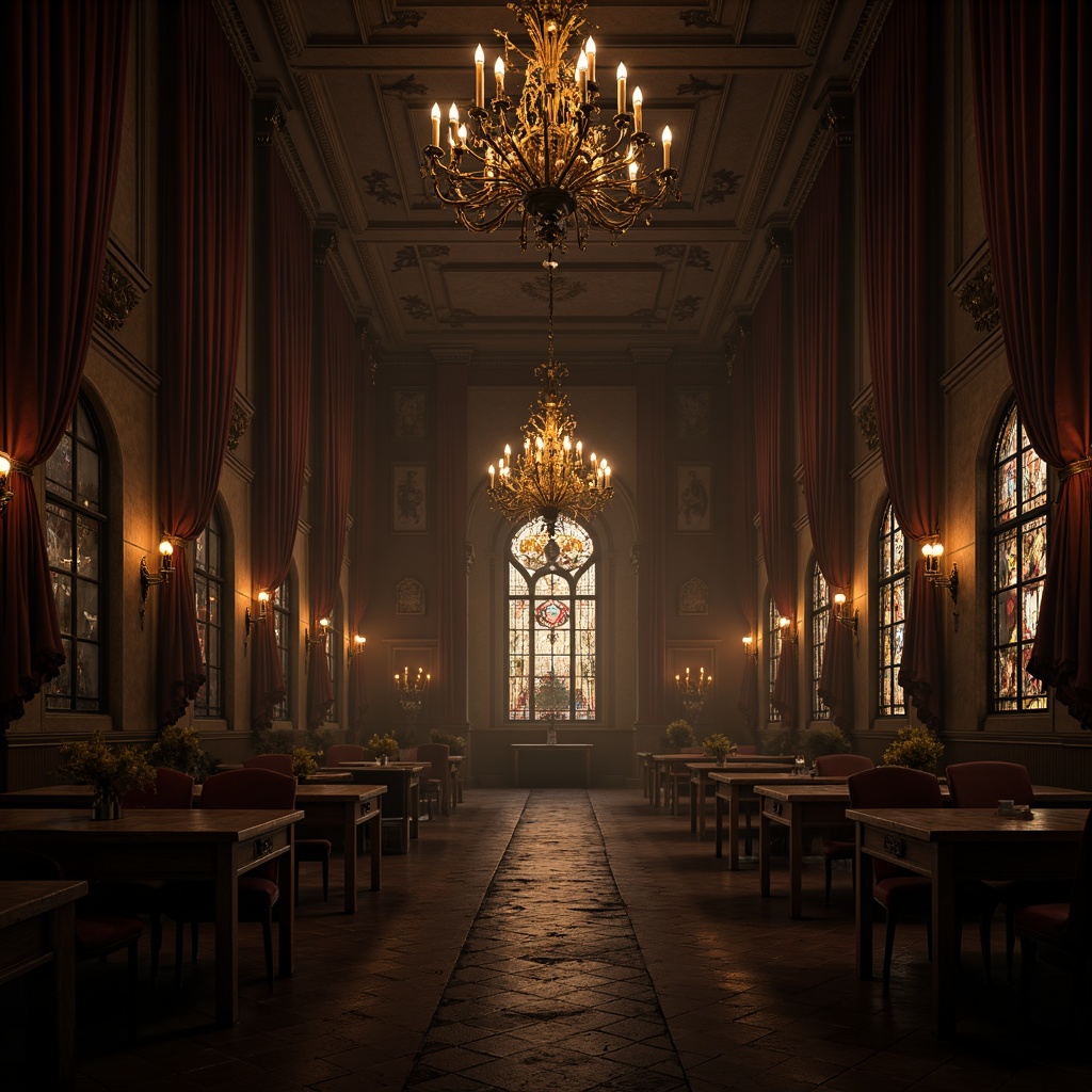 Prompt: Dark mysterious ambiance, grandiose chandeliers, ornate metalwork, candle-lit coves, stained glass windows, eerie shadows, dramatic archways, vaulted ceilings, rich velvet drapes, mysterious alcoves, intricate carvings, warm golden lighting, soft diffused glow, subtle color temperature shifts, cinematic atmospheric effects, high contrast ratios, mysterious fog, dark romanticism, heavy drapery, ancient artifacts, mysterious relics.