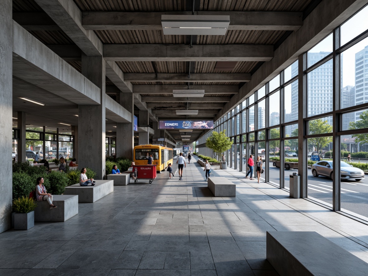 Prompt: Industrial bus station, exposed concrete structures, steel beams, metal cladding, large glass facades, minimalist design, functional aesthetic, brutalist architecture, urban landscape, busy streets, asphalt roads, pedestrian crossings, public transportation hub, modern signage, sleek benches, industrial lighting fixtures, raw concrete floors, metallic railings, geometric shapes, bold color accents, 45-degree angles, abstract patterns, urban textures, high-contrast lighting, dramatic shadows, 2/3 composition, cinematic atmosphere.