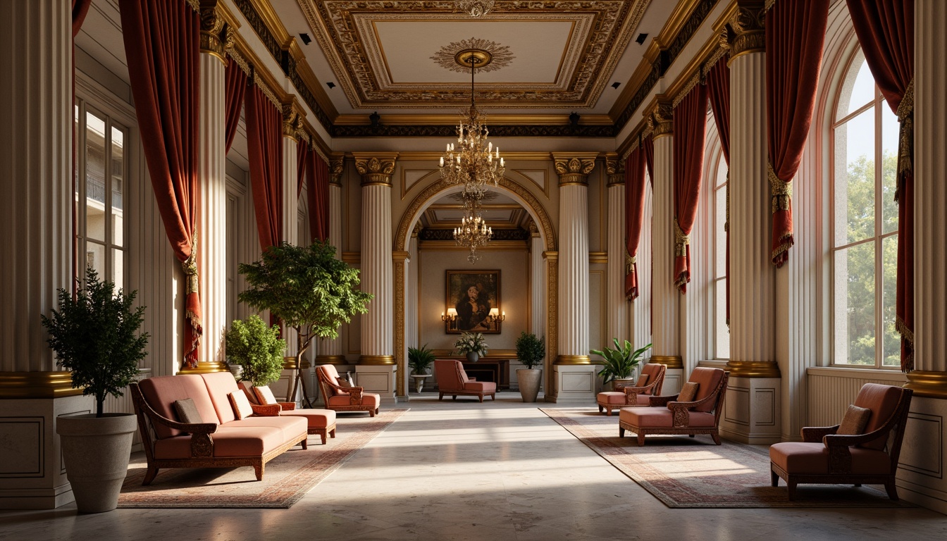 Prompt: Elegant interior space, ornate columns, marble floors, stately pilasters, grandiose archways, intricate moldings, lavish chandeliers, rich velvet fabrics, antique furniture pieces, gilded accents, symmetrical layout, classical proportions, harmonious color palette, soft warm lighting, subtle shading, atmospheric ambiance, 1/1 composition, realistic textures, ambient occlusion.