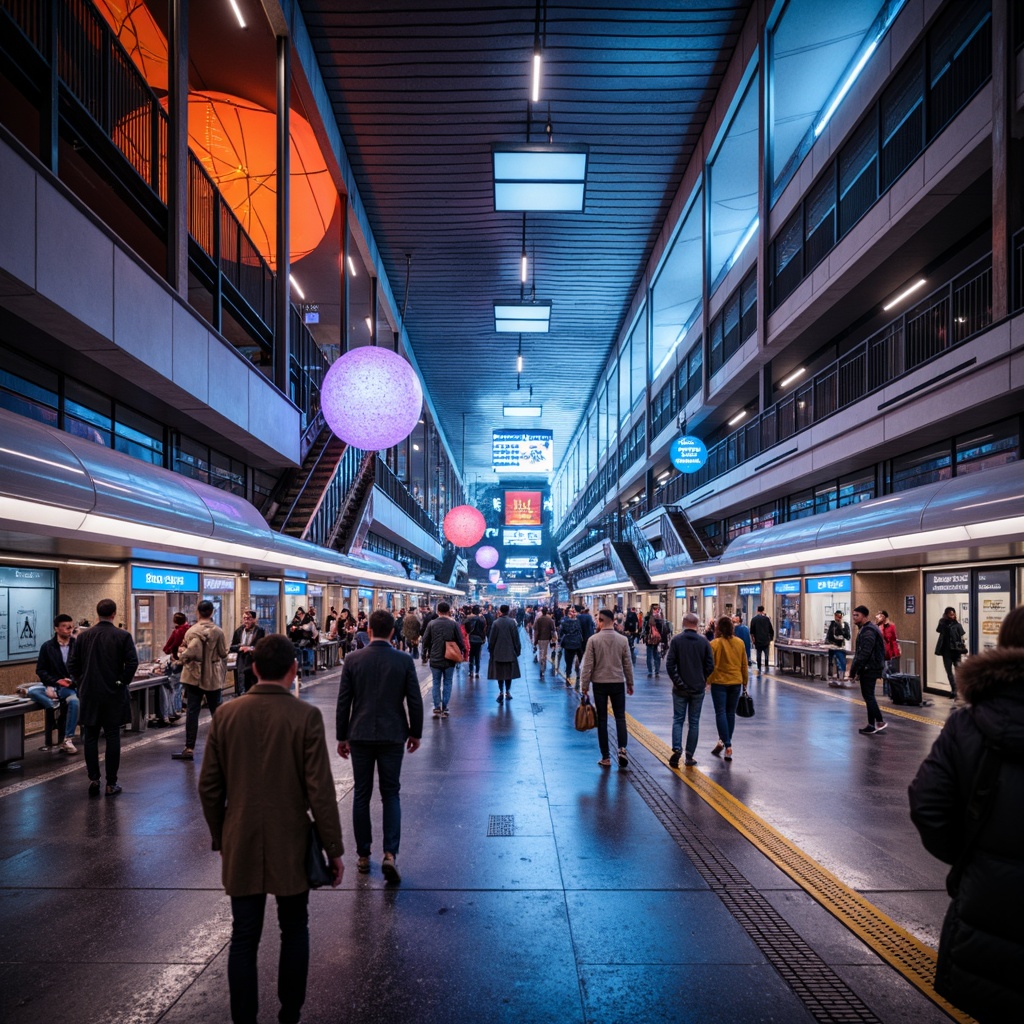 Prompt: Vibrant metro station, bustling crowd, urban atmosphere, modern architecture, sleek lines, futuristic design, LED lighting systems, dynamic color-changing effects, motion-sensing illumination, energy-efficient solutions, stainless steel fixtures, glossy flooring, grand staircases, spacious platforms, commuter rush hour, morning sunlight, soft ambient glow, dramatic spotlights, 3/4 composition, shallow depth of field, realistic textures, ambient occlusion.