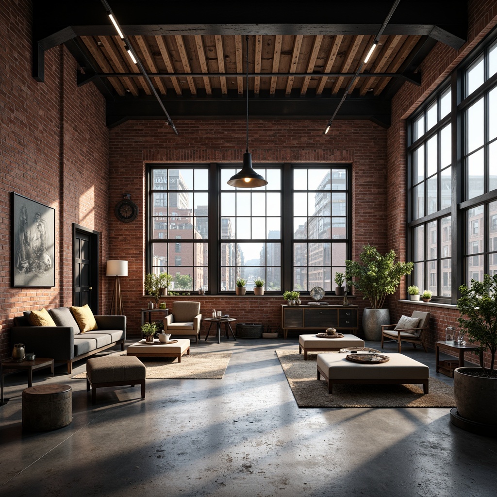 Prompt: Exposed brick walls, metal beams, reclaimed wood accents, industrial-style lighting fixtures, concrete floors, distressed finishes, urban loft atmosphere, modern minimalist decor, functional furniture pieces, eclectic art collections, vintage manufacturing equipment, steel window frames, cityscape views, dramatic shadows, high-contrast lighting, gritty textures, abstract compositions, cinematic moods.