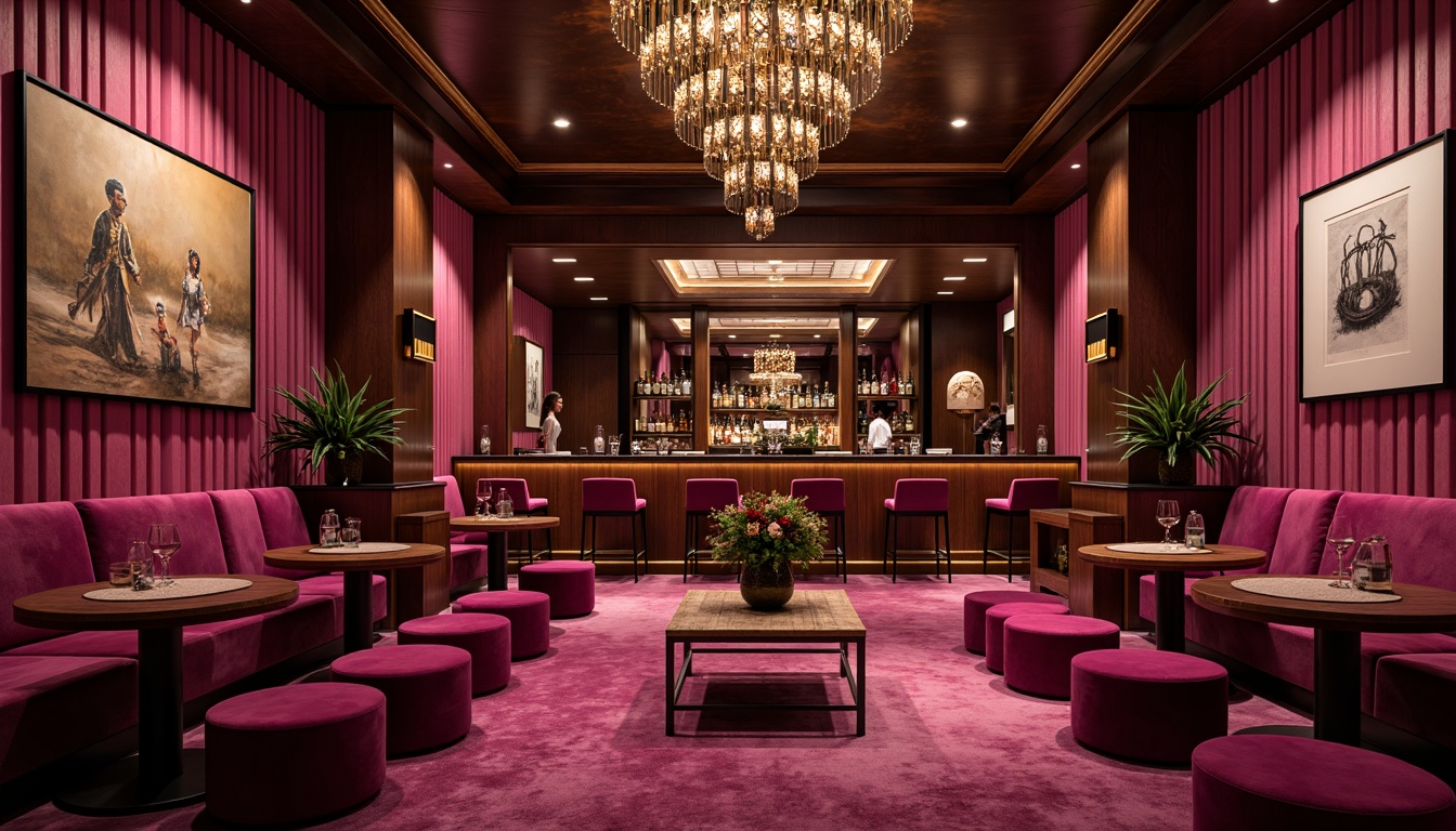 Prompt: Magenta home bar, luxurious velvet fabrics, rich wood tones, metallic accents, dimmable LED lighting, intimate seating areas, statement artwork, bold geometric patterns, deep berry hues, rich gold decorations, sophisticated ambiance, warm atmospheric lighting, 1/1 composition, shallow depth of field, realistic textures.