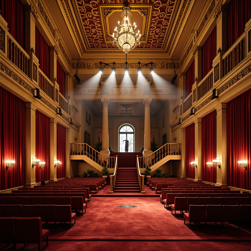 Prompt: Grandiose cinema interior, ornate columns, neoclassical arches, intricate moldings, golden accents, rich velvet curtains, majestic staircases, crystal chandeliers, luxurious balconies, red carpet flooring, opulent seating areas, dramatic spotlights, soft warm lighting, shallow depth of field, 1/1 composition, symmetrical framing, realistic textures, ambient occlusion.