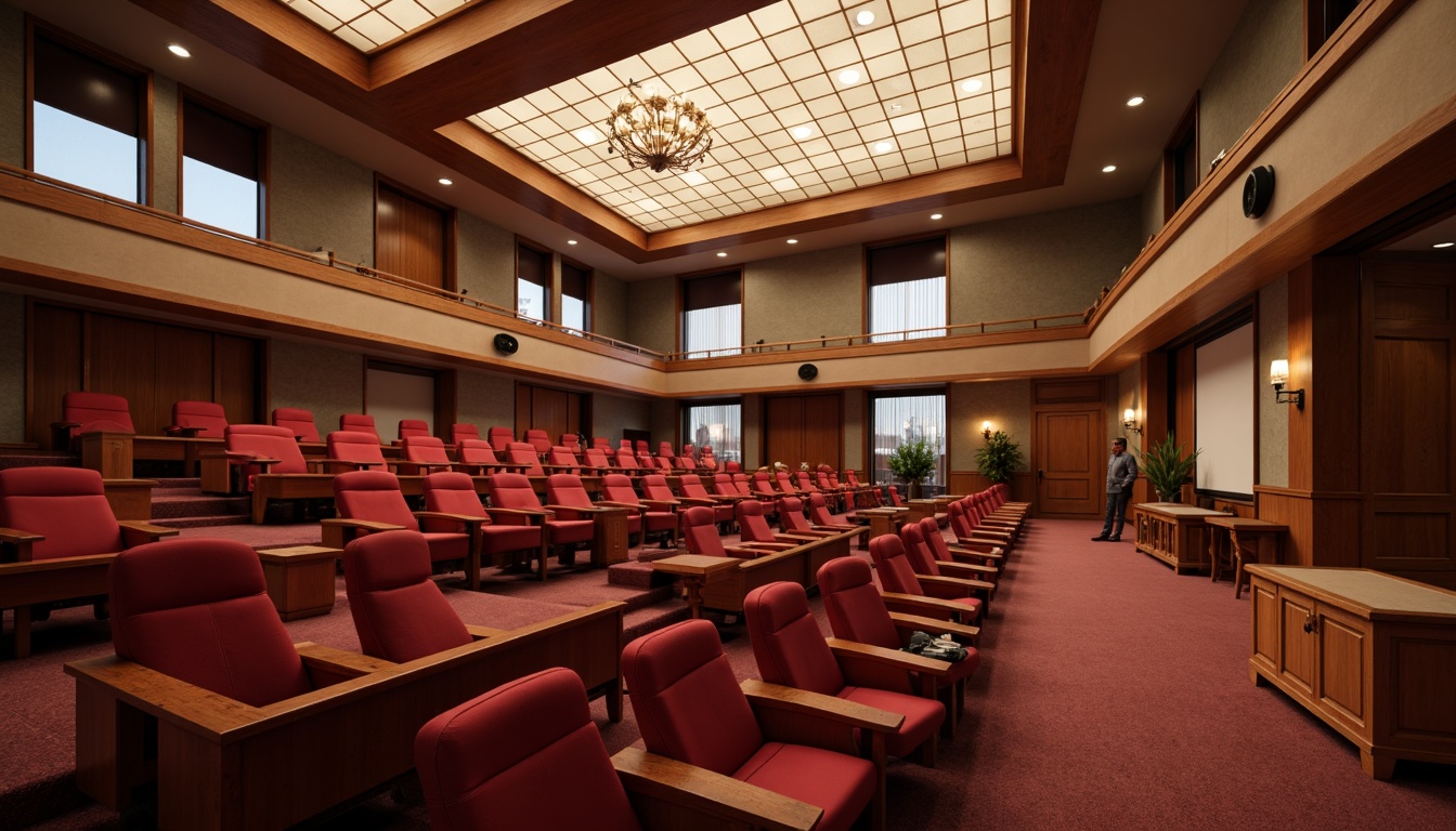 Prompt: Elegant auditorium, academic setting, tiered seating, curved rows, plush red velvet chairs, wooden armrests, polished chrome legs, spacious aisles, abundant natural light, high ceilings, grand chandelier, subtle wood paneling, sophisticated carpeting, classic lecture podium, modern audiovisual equipment, minimalistic decorative accents, soft warm lighting, shallow depth of field, 2/3 composition, realistic textures, ambient occlusion.