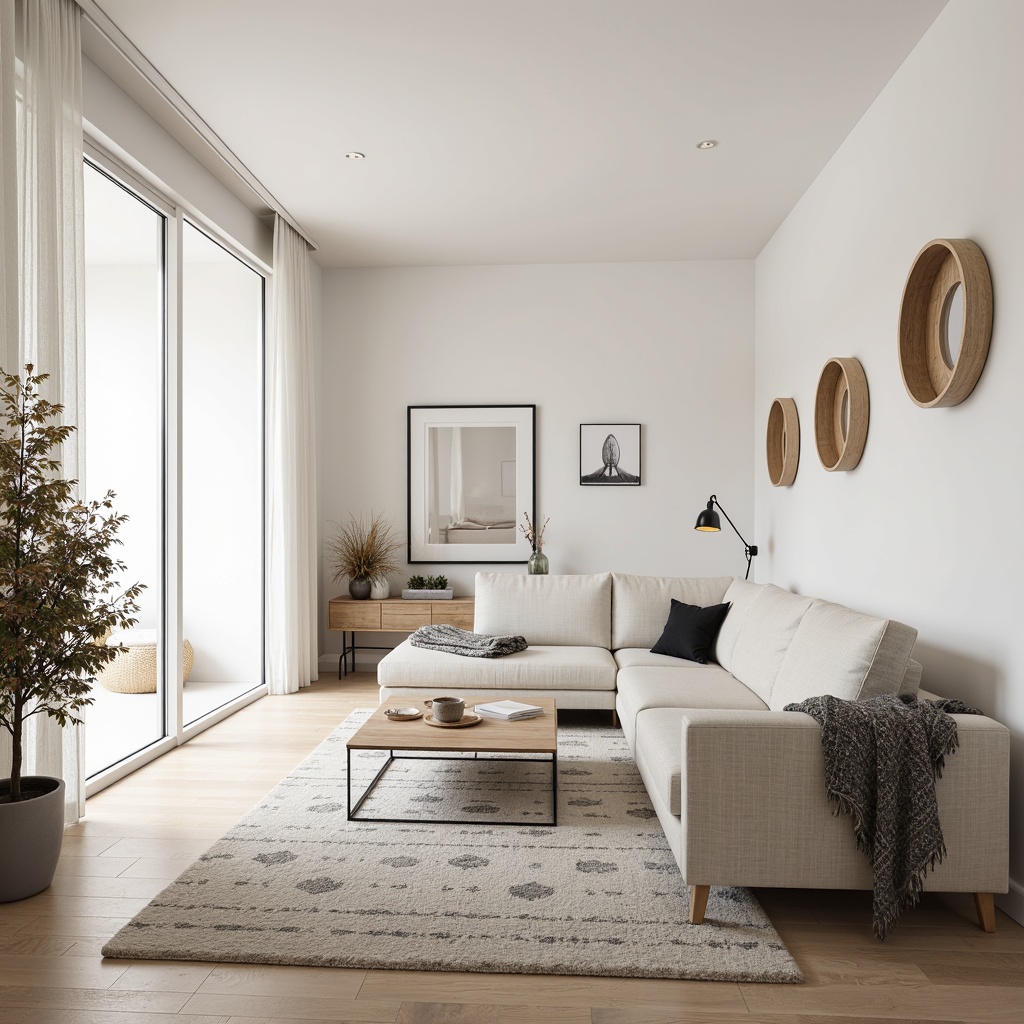 Prompt: Minimalist living room, Scandinavian style, light-filled space, floor-to-ceiling windows, pale wooden floors, white walls, sleek low-profile furniture, geometric-patterned textiles, subtle natural color palette, Nordic-inspired decorative accents, functional modern lighting, cozy throw blankets, plush area rugs, industrial-chic metal fixtures, simplistic wall art, organic-shaped planters, airy atmosphere, soft warm lighting, shallow depth of field, 1/1 composition, realistic textures, ambient occlusion.