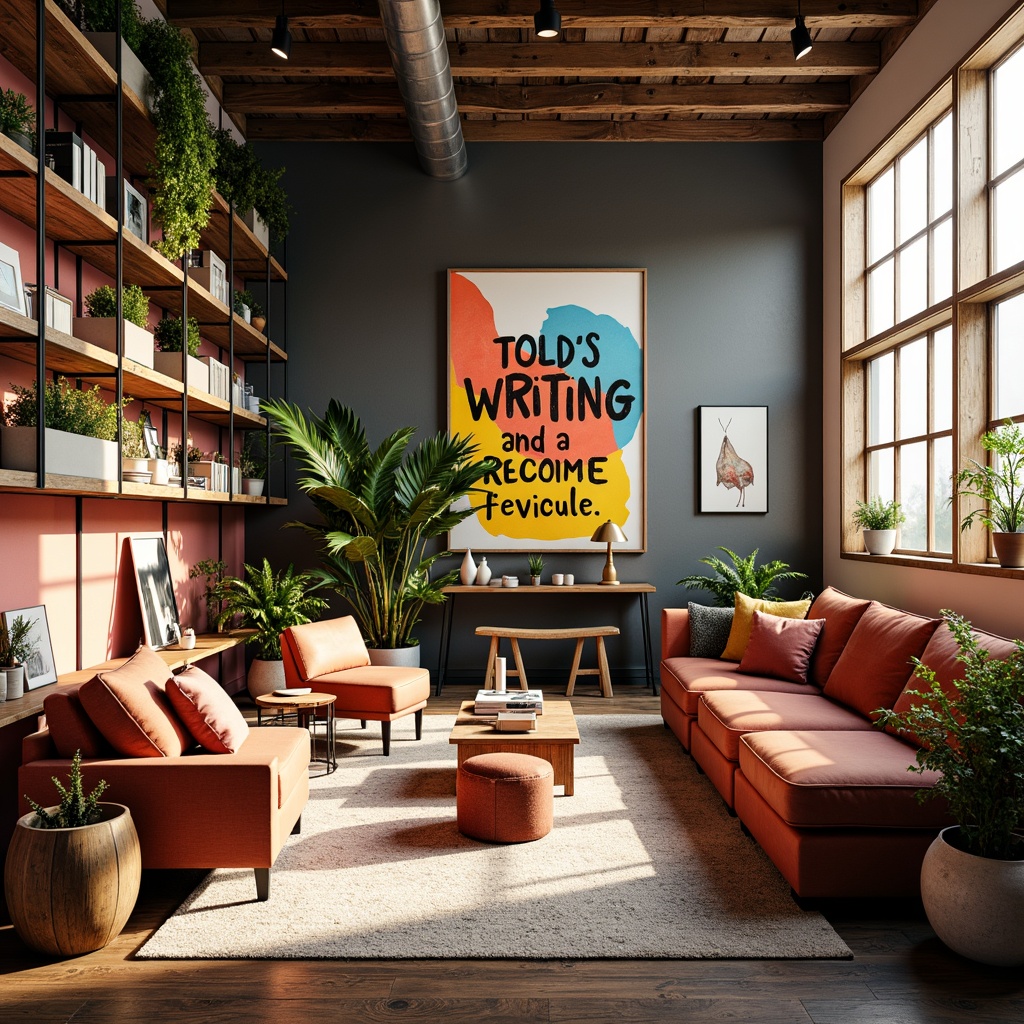 Prompt: Vibrant art studio, eclectic furniture, bold color blocking, contrasting textures, artistic expression, creative freedom, inspirational quotes, natural light pouring, industrial metal accents, reclaimed wood shelves, modern abstract art, bold brushstrokes, dynamic composition, warm golden lighting, shallow depth of field, 1/2 composition, cinematic view, realistic renderings, ambient occlusion.Please let me know if this meets your requirements or if you need any adjustments!