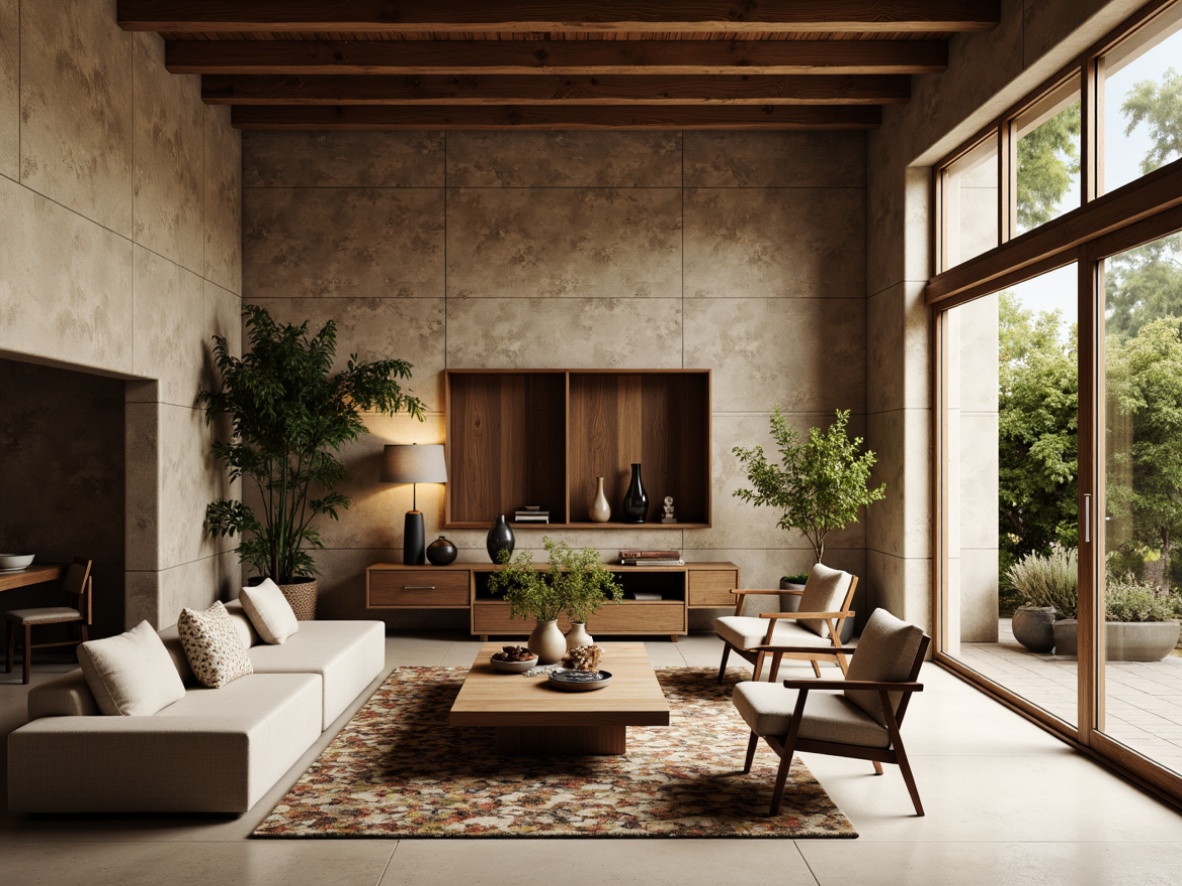 Prompt: Rustic modern living room, textured walls, earthy color palette, natural stone accents, wooden furniture, cozy atmosphere, warm lighting, shallow depth of field, 1/2 composition, realistic textures, ambient occlusion, soft focus, inviting space, comfortable seating area, decorative vases, lush greenery, patterned rugs, minimalist decor.