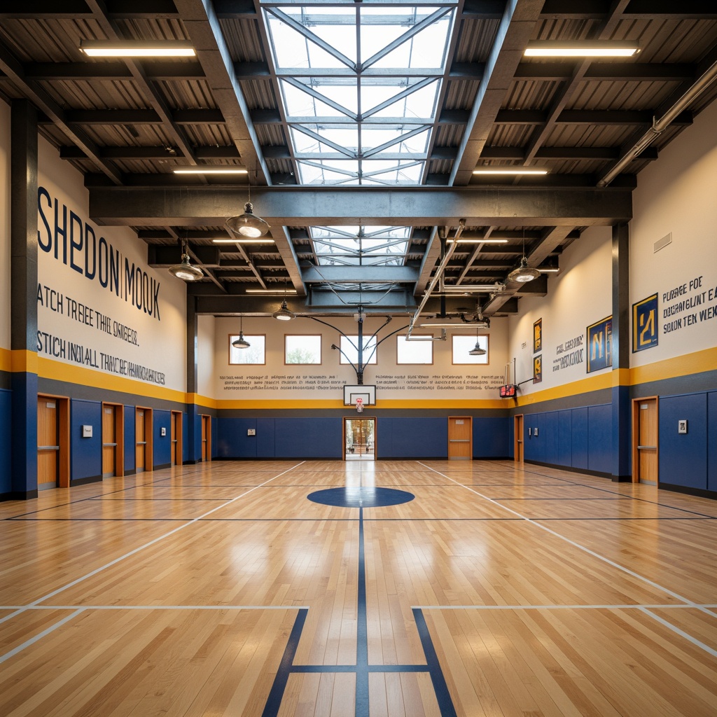 Prompt: Brightly lit gymnasium interior, high ceilings, exposed ductwork, polished wooden floors, athletic equipment, basketball hoops, tennis courts, mirrored walls, motivational quotes, modern industrial lighting fixtures, suspended LED lights, warm color temperatures, softbox diffusers, indirect cove lighting, accent wall washes, high-bay lamps, energy-efficient solutions, natural daylight harvesting, clerestory windows, translucent skylights, 1/1 composition, shallow depth of field, realistic textures, ambient occlusion.