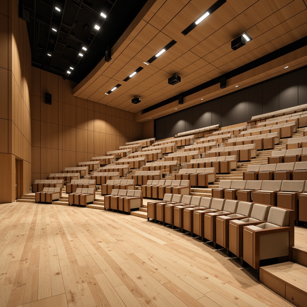 Prompt: Elegant auditorium, academic atmosphere, curved rows of seats, polished wooden floors, neutral color palette, sophisticated lighting fixtures, floor-to-ceiling windows, minimalist stage design, comfortable cushioned chairs, metallic armrests, subtle texture patterns, warm beige tones, softbox lights, 1/2 composition, shallow depth of field, realistic renderings.