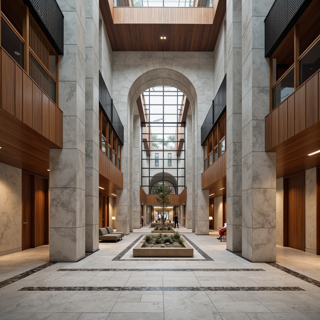 Prompt: Monumental courthouse architecture, grand atrium spaces, high ceilings, sleek contemporary style, polished marble floors, rich wood paneling, textured concrete walls, metallic accents, modern LED lighting, subtle color palette, neutral tones, elegant simplicity, minimalist decor, refined sophistication, imposing stone columns, ornate metalwork details, dramatic archways, geometric patterns, 1/1 composition, softbox lighting, realistic reflections.