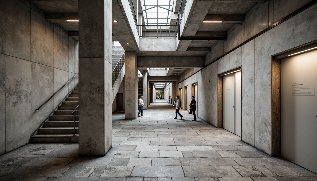 Prompt: Exposed concrete walls, raw steel beams, brutalist architecture, industrial aesthetic, textured surfaces, rough-hewn stone floors, reclaimed wood accents, metallic staircases, functional lighting fixtures, minimalist decor, sterile white corridors, institutional atmosphere, cold harsh lighting, high ceilings, dramatic shadows, 3/4 composition, realistic textures, ambient occlusion.