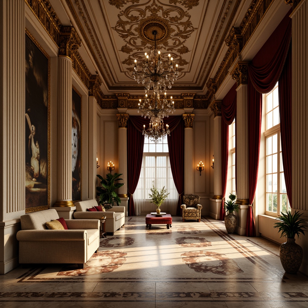 Prompt: Elegant neoclassical interior, grandiose columns, ornate capitals, intricate moldings, lavish chandeliers, rich velvet drapes, opulent marble floors, gilded frames, antique furniture pieces, stately proportions, symmetrical composition, warm golden lighting, subtle shadows, refined textures, ornamental patterns, luxurious upholstery, majestic atmosphere, serene ambiance.