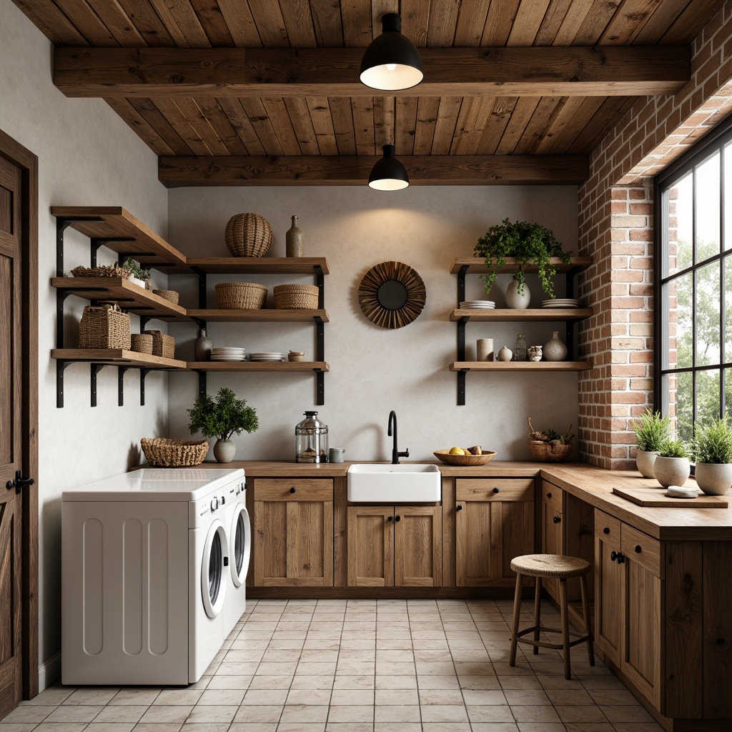 Prompt: Rustic farmhouse laundry room, open shelving units, distressed wood finishes, vintage metal brackets, woven baskets, natural fiber textiles, earthy color palette, soft warm lighting, shallow depth of field, 1/1 composition, realistic textures, ambient occlusion, ceramic tiles, farmhouse sink, decorative lanterns, potted plants, wooden countertops, exposed brick walls, sliding barn doors, country-style decor.