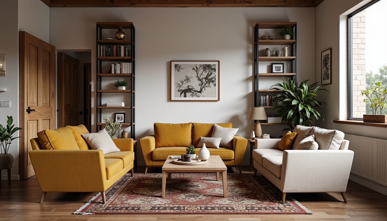 Prompt: Cozy living room, plush velvet sofas, wooden coffee tables, minimalist decor, soft warm lighting, comfortable accent chairs, vintage rug patterns, earthy color palette, modern industrial accents, metal frame bookshelves, reclaimed wood walls, natural textiles, organic shapes, intimate atmosphere, relaxed vibe, soft pastel hues.