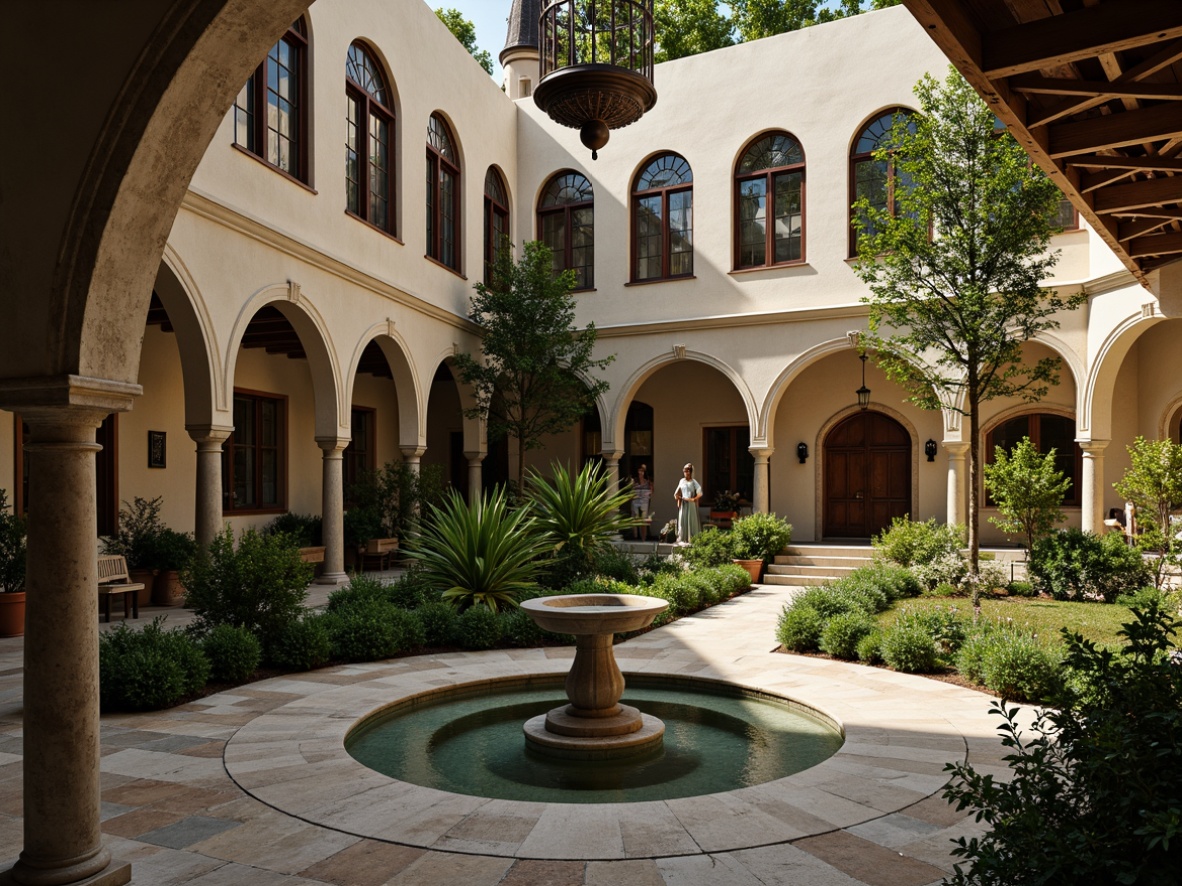 Prompt: Serene monastery courtyard, tranquil fountain, lush greenery, stone pathways, ornate arches, vaulted ceilings, stained glass windows, intricate carvings, rustic wooden doors, peaceful cloisters, devotional statues, soft warm lighting, shallow depth of field, 3/4 composition, symmetrical architecture, classical proportions, harmonious color palette, natural stone flooring, ornate furnishings, elegant chandeliers, subtle ambient occlusion.