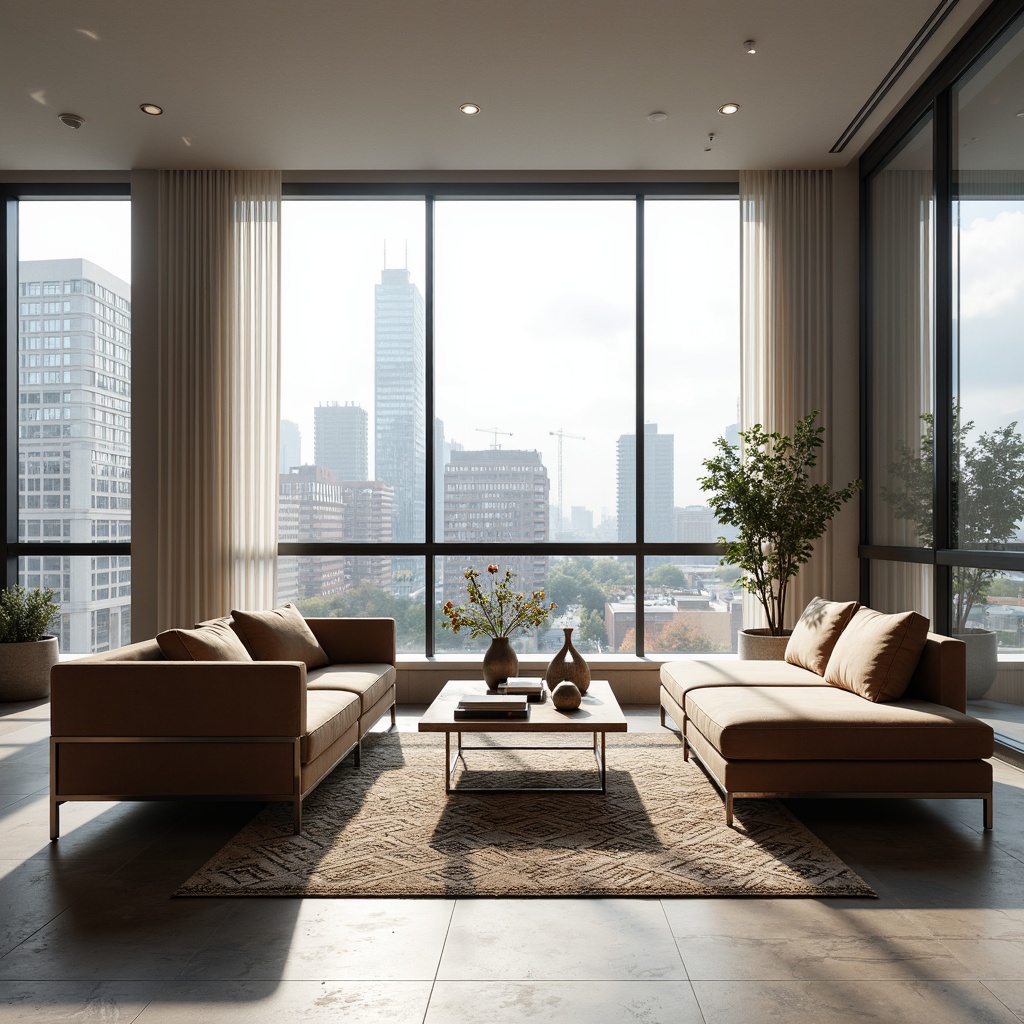 Prompt: Modern minimalist living room, sleek low-profile sofas, velvet upholstery, polished chrome legs, Scandinavian wooden coffee tables, industrial metal side tables, geometric patterned rugs, floor-to-ceiling windows, natural light flooding, urban city views, 3/4 composition, softbox lighting, shallow depth of field, realistic textures.