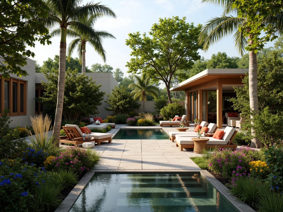 Prompt: Lush tropical garden, exotic palm trees, vibrant floral arrangements, natural stone pathways, wooden decks, rattan furniture, colorful tiki torches, refreshing poolside area, water features, misting system, lush green roofs, eco-friendly materials, sustainable design elements, large windows, sliding glass doors, warm soft lighting, shallow depth of field, 3/4 composition, panoramic view, realistic textures, ambient occlusion.