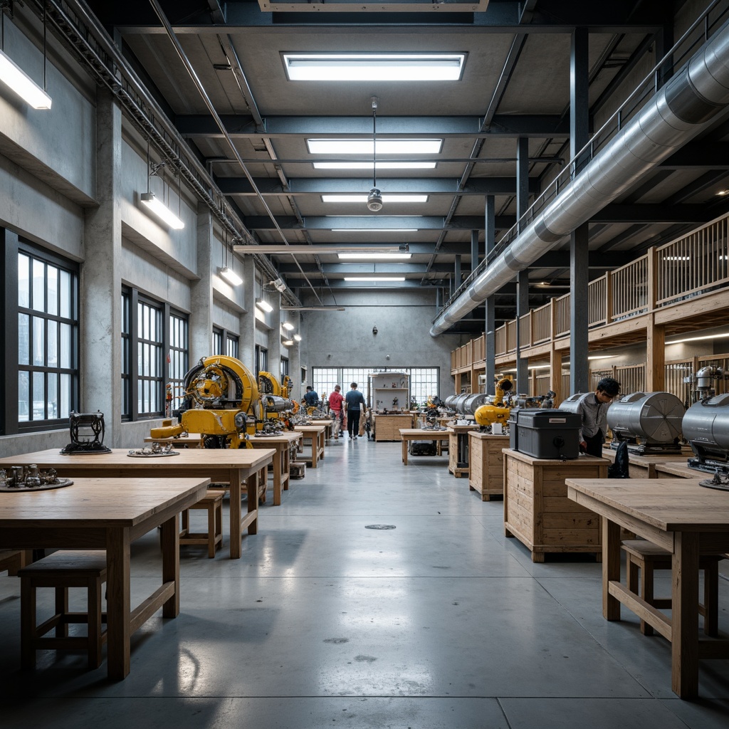 Prompt: Industrial factory setting, neutral color palette, minimalist aesthetic, concrete flooring, steel beams, metal pipes, industrial lighting, functional machinery, modern equipment, sleek lines, sparse decor, urban atmosphere, cloudy day, soft diffused lighting, shallow depth of field, 1/1 composition, realistic textures, ambient occlusion.