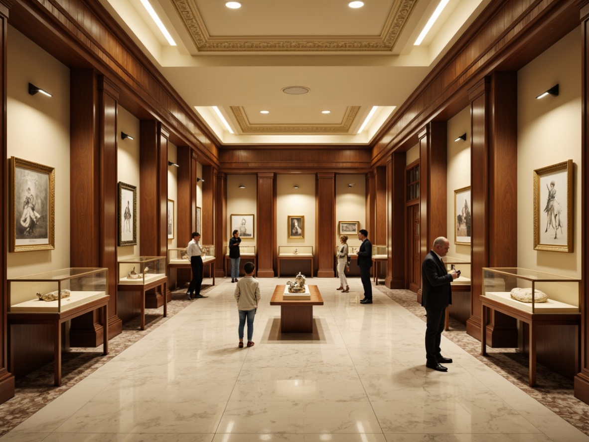 Prompt: Historic museum interior, warm beige walls, rich wood tones, elegant marble floors, subtle cream accents, sophisticated display cases, ornate gold frames, dramatic high ceilings, soft diffused lighting, atmospheric shadows, 1/2 composition, realistic textures, ambient occlusion.