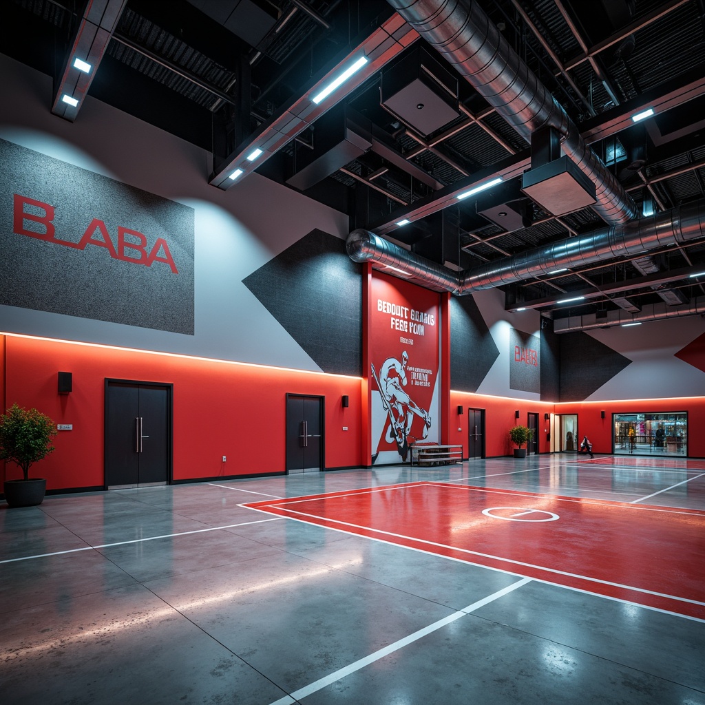 Prompt: Modern gymnasium interior, dynamic wall treatments, bold color schemes, metallic accents, geometric patterns, sleek LED lighting, minimalist decor, high-gloss finishes, polished concrete floors, athletic-inspired graphics, motivational quotes, sports-themed murals, industrial-style ductwork, exposed ceilings, urban loft atmosphere, dramatic spotlights, low-angle photography, 1/2 composition, atmospheric depth of field.