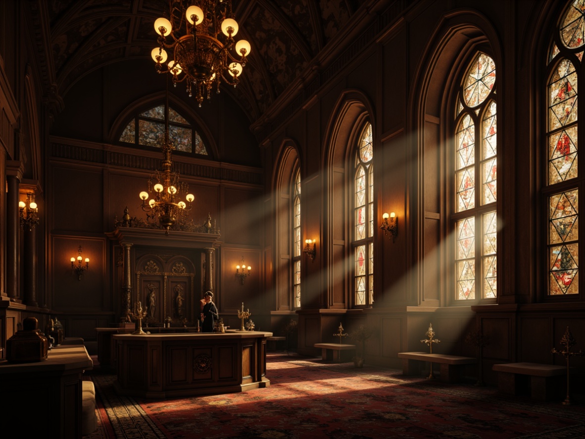 Prompt: Dimly lit Gothic interior, mysterious ambiance, ornate chandeliers, grand candelabras, lantern-style lighting, wrought iron fixtures, stained glass windows, rich velvet drapes, dark wood paneling, intricate stone carvings, mystical symbols, eerie shadows, warm golden glow, soft diffused light, dramatic high contrast, 1/1 composition, atmospheric perspective, realistic textures, subtle ambient occlusion.