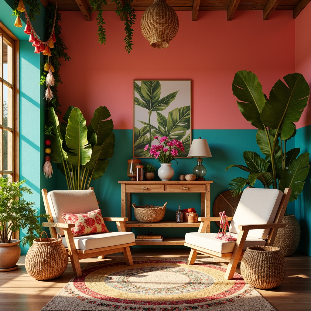 Prompt: Vibrant tropical craft room, bright coral walls, turquoise accents, lush greenery, natural wood furniture, woven rattan baskets, colorful tassel garlands, woven fiber rugs, warm golden lighting, shallow depth of field, 1/1 composition, intimate atmosphere, cozy textures, ambient occlusion.