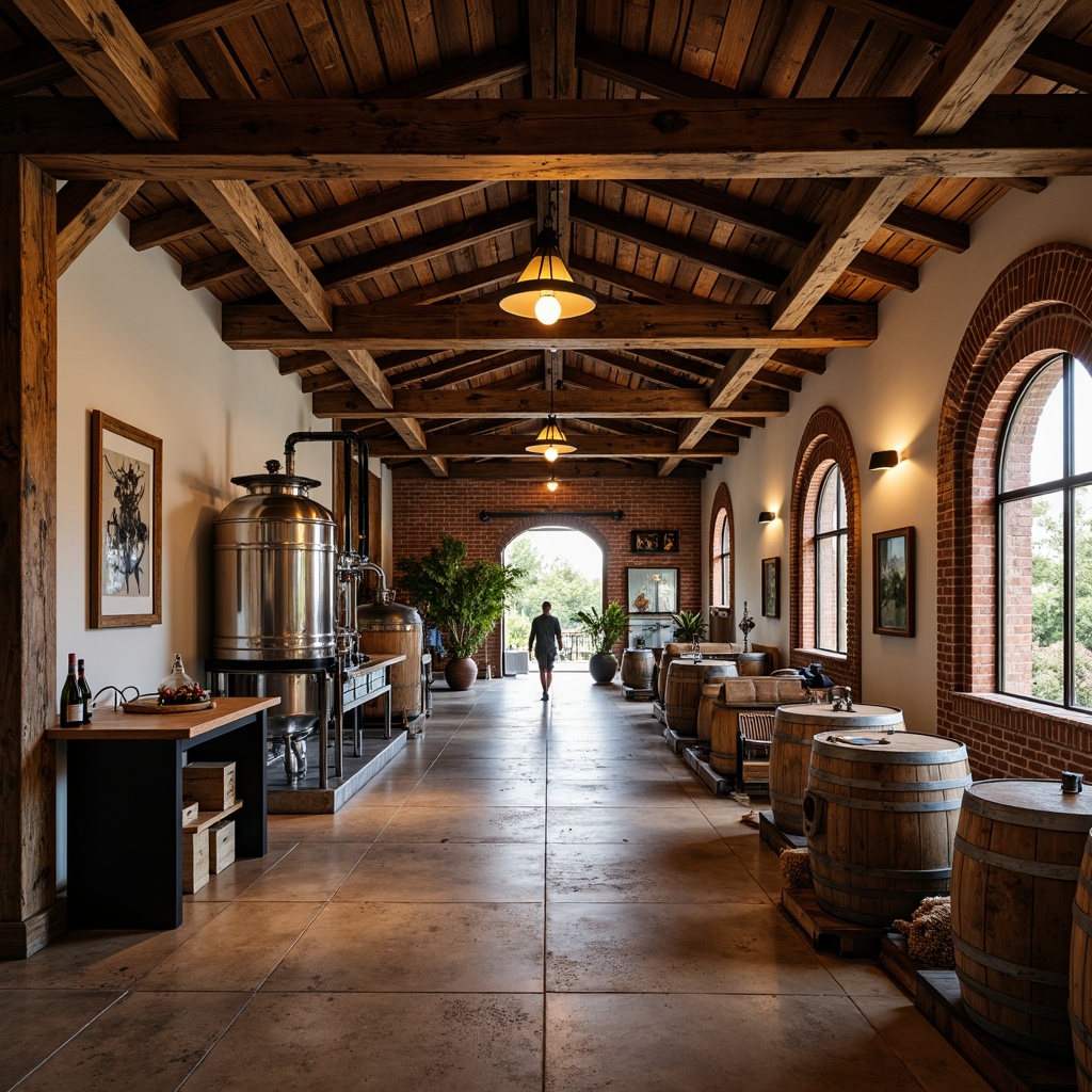 Prompt: Rustic winery interior, exposed wooden beams, industrial metal accents, reclaimed wood flooring, earthy tone color palette, natural stone walls, large wooden barrels, wine-making equipment, stainless steel tanks, modern pendant lighting, urban chic decor, distressed metal signage, vintage wine crates, aged brick archways, warm ambient lighting, shallow depth of field, 1/1 composition, realistic textures, ambient occlusion.