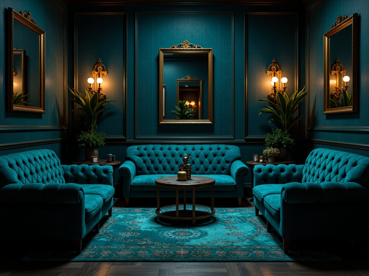 Prompt: Dark cyan interior, mysterious ambiance, rich velvet fabrics, luxurious tufted sofas, metallic accents, bronze lighting fixtures, dramatic wall sconces, ornate mirrors, dark wood paneling, navy blue walls, deep turquoise accent walls, moody atmospheric lighting, soft box shadows, 1/2 composition, cinematic view, realistic reflections, subtle ambient occlusion.