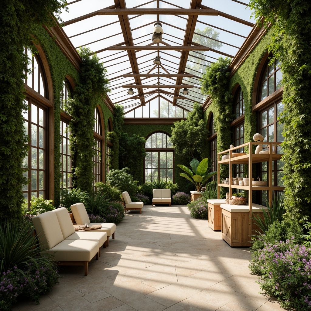 Prompt: Vibrant botanical greenhouse, lush greenery walls, natural stone flooring, wooden accents, earthy tones, moss-covered columns, tropical plants, hanging vines, soft diffused lighting, warm beige furniture, creamy white shelves, rich wood textures, elegant metal fixtures, airy atmosphere, 1/1 composition, shallow depth of field, realistic reflections, ambient occlusion.