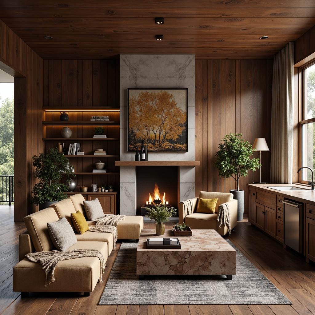 Prompt: Luxurious living room, rich wood paneling, velvety soft sofas, chunky knit throw blankets, natural stone flooring, honed marble countertops, distressed metal accents, reclaimed wooden furniture, earthy color palette, warm ambient lighting, shallow depth of field, 1/1 composition, realistic textures, ambient occlusion.