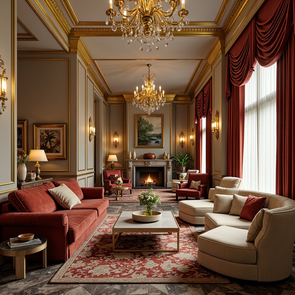 Prompt: Rich velvety furniture, luxurious golden accents, soft creamy whites, warm beige tones, deep charcoal grays, lavish emerald greens, bold crimson reds, intricate ornate patterns, sophisticated marble textures, opulent crystal chandeliers, dramatic floor-to-ceiling drapes, sumptuous plush carpets, inviting cozy nooks, abundant natural light, warm golden illumination, 1/1 composition, realistic reflections, ambient occlusion.