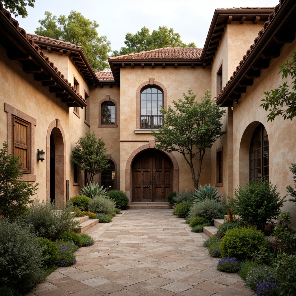 Prompt: Earthy monastery, rustic stone walls, terracotta rooftops, weathered wooden doors, ornate ironwork, arched windows, subtle stained glass, serene courtyard, lush greenery, natural stone pathways, soft warm lighting, shallow depth of field, 3/4 composition, panoramic view, realistic textures, ambient occlusion.