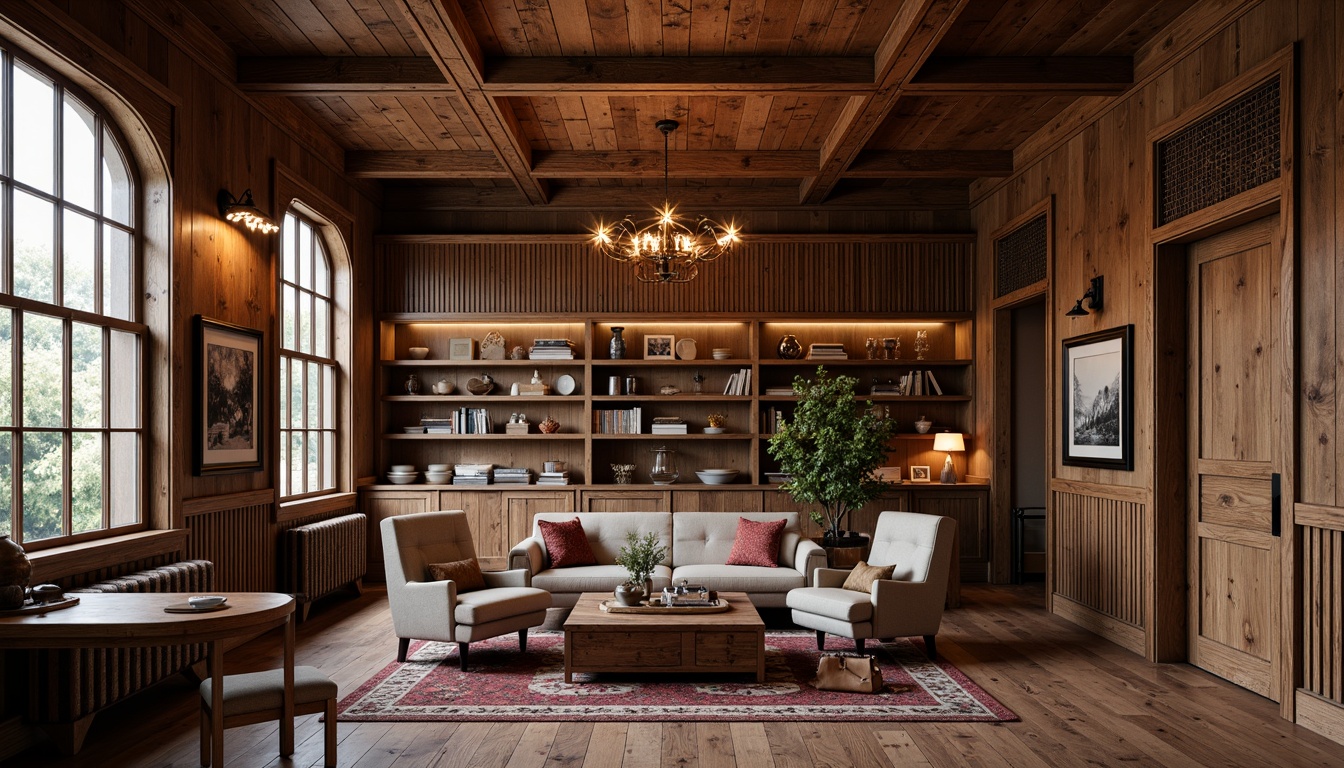 Prompt: Richly stained wooden panels, ornate trim details, rustic wood accents, traditional craftsmanship, earthy color palette, natural textures, vintage industrial lighting, distressed wood furniture, comfortable seating areas, built-in bookshelves, warm cozy atmosphere, soft box lighting, shallow depth of field, 2/3 composition, realistic wood grain textures, ambient occlusion.