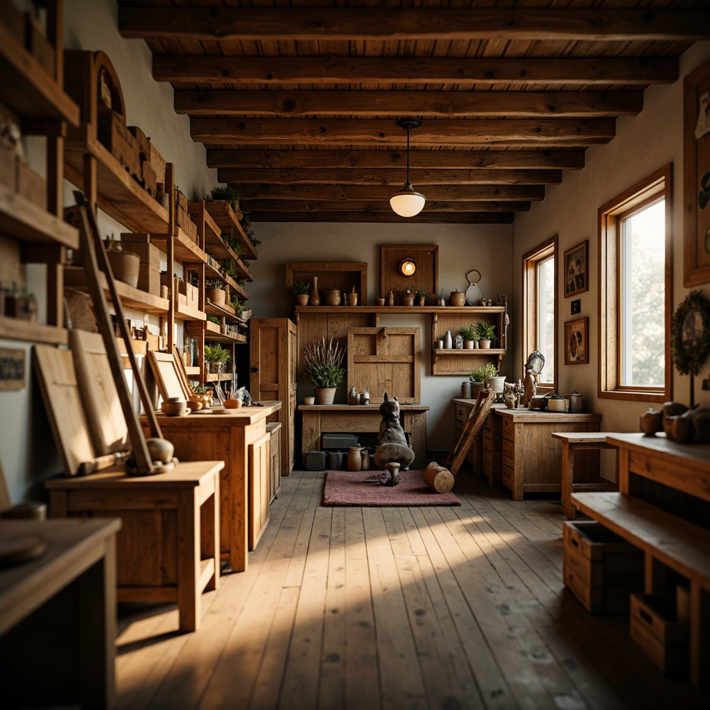 Prompt: Rustic workshop, wooden furniture, warm wheat colors, earthy tones, natural textures, distressed wood accents, vintage metal tools, cozy atmospheric lighting, soft focus, shallow depth of field, 2/3 composition, warm golden hour, rustic charm, organic shapes, earthy scent, handmade craftsmanship, tactile details, inviting ambiance.