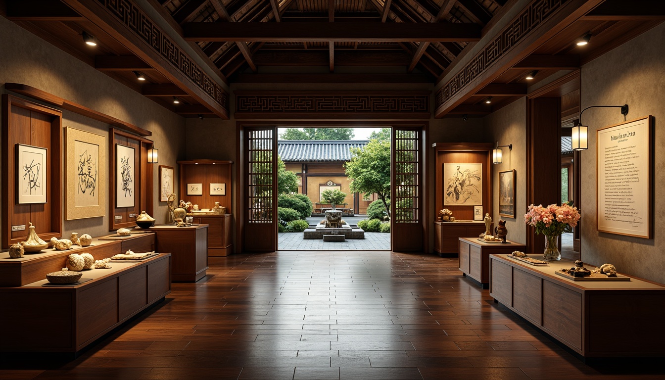 Prompt: Serene museum interior, traditional Asian architecture, intricate wooden carvings, cultural artifacts, exhibition display cases, soft warm lighting, shallow depth of field, 1/2 composition, realistic textures, ambient occlusion, dark wood flooring, paper lanterns, Japanese-inspired sliding doors, natural fiber textiles, subtle fragrance, peaceful atmosphere, elegant calligraphy, Chinese-style courtyard, lush greenery, vibrant flowers, subtle water features, misting systems.