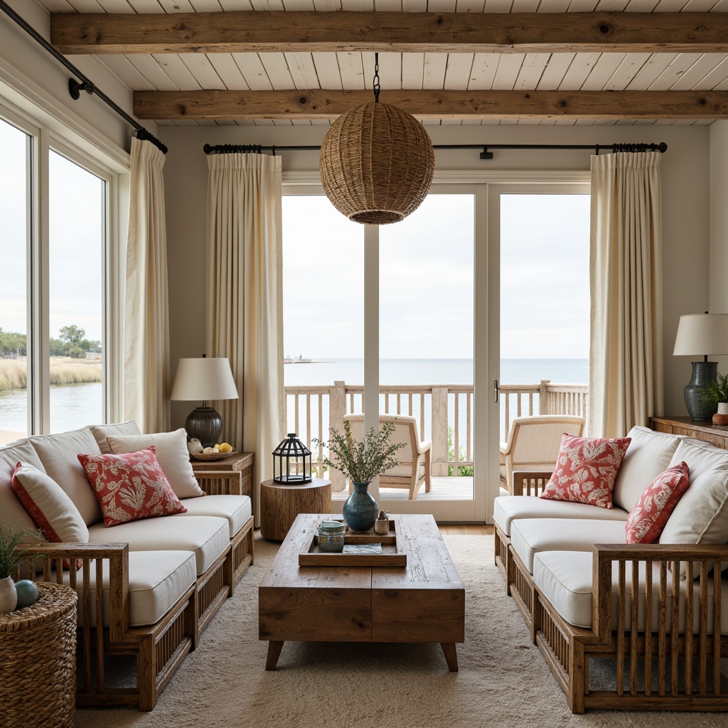 Prompt: Coastal living room, ocean-inspired color palette, natural fiber textiles, woven rattan furniture, driftwood accents, nautical rope details, soft billowy curtains, coral-patterned throw pillows, sea-glass vases, reclaimed wood coffee tables, plush area rugs, beachy lanterns, warm golden lighting, shallow depth of field, 1/1 composition, relaxed casual atmosphere, natural textures, subtle coastal motifs.