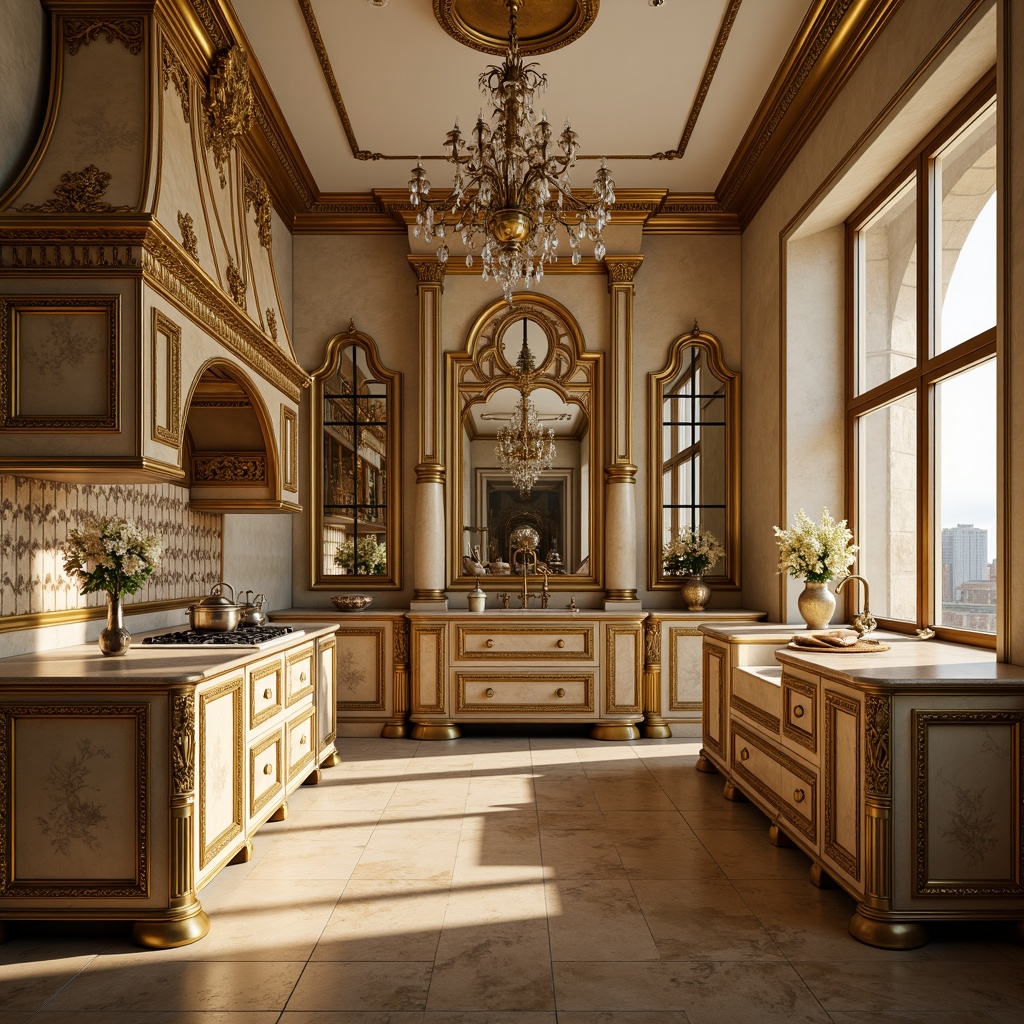 Prompt: Ornate baroque kitchen, rich gold accents, warm beige marble countertops, intricate cabinetry details, soft cream-colored walls, luxurious velvet fabrics, antique bronze hardware, ornamental mirrors, crystal chandeliers, lavish furnishings, opulent atmosphere, dramatic shadows, warm golden lighting, high-contrast composition, realistic reflections, ambient occlusion.