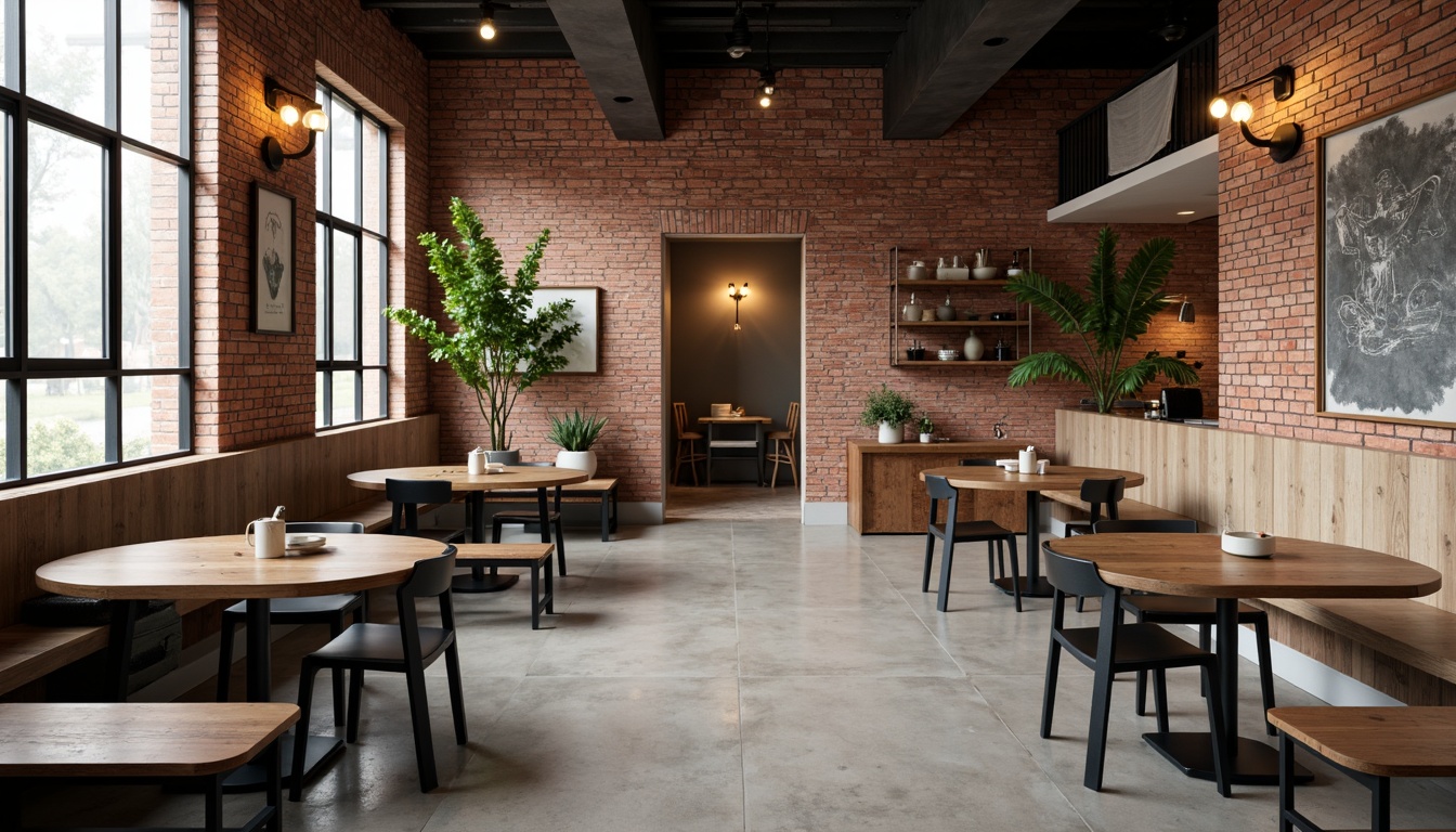 Prompt: Industrial-chic breakfast nook, exposed brick walls, polished concrete floors, reclaimed wood accents, minimalist steel chairs, rounded geometric tables, matte black metal frames, creamy white ceramics, warm industrial lighting, soft morning ambiance, shallow depth of field, 1/1 composition, realistic textures, ambient occlusion.