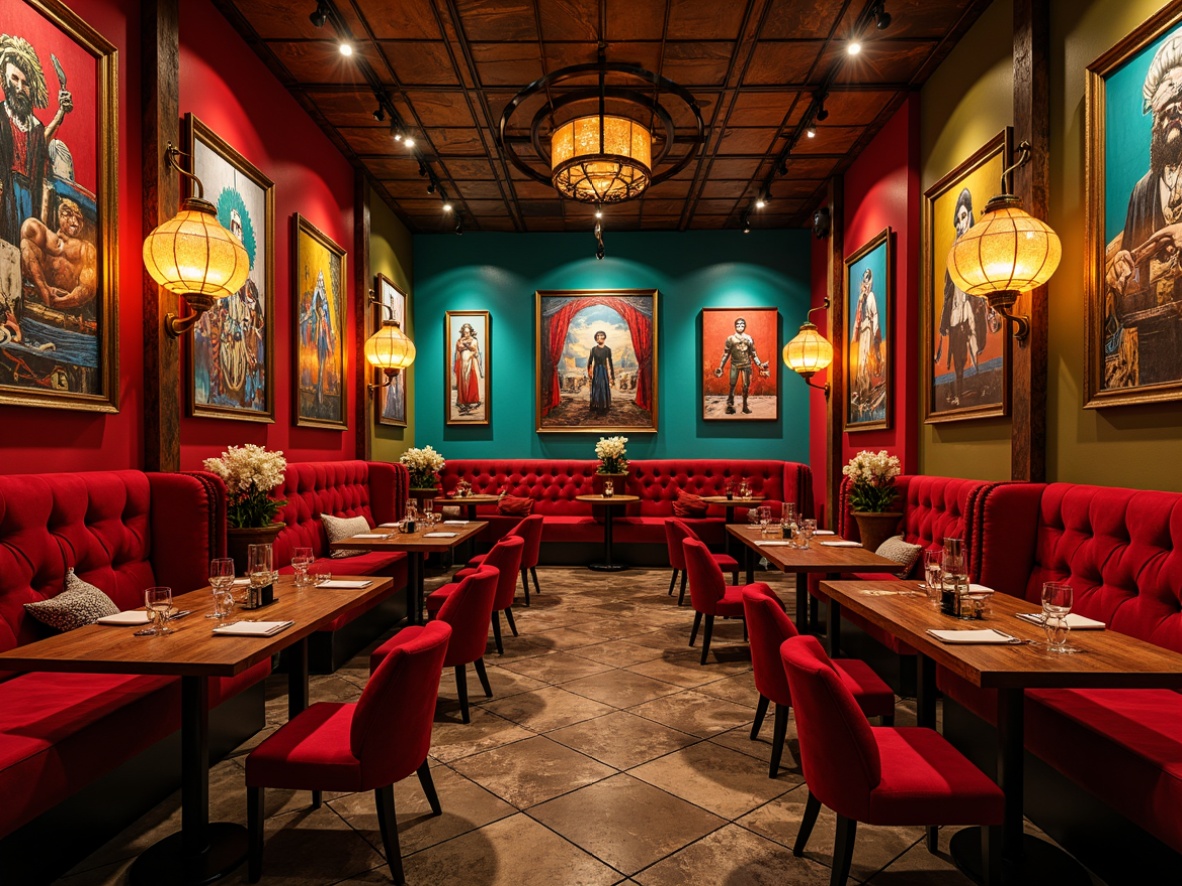 Prompt: Vibrant restaurant interior, expressionism style, bold color palette, deep red walls, rich turquoise accents, warm golden lighting, abstract artwork, eclectic furniture, distressed wood textures, vintage metal decorations, ornate mirrors, luxurious velvet fabrics, dynamic patterns, lively atmosphere, intimate seating areas, dramatic shadows, low-key lighting, cinematic composition, high-contrast colors.